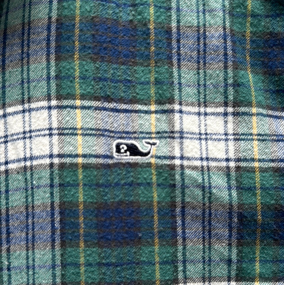 Vineyard Vines Flannel Button Down, Navy/Green Plaid Boys Size L (16)