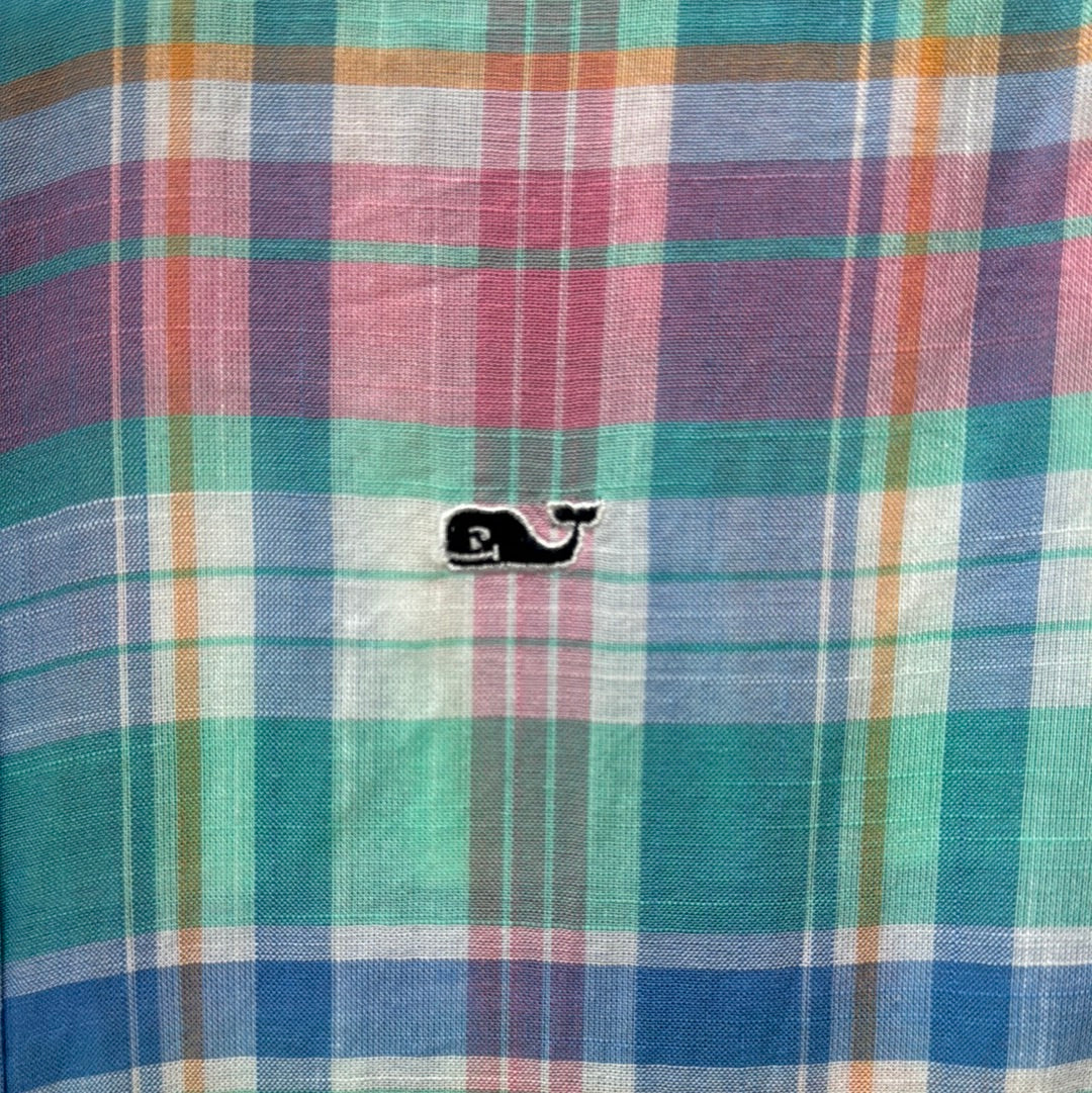 Vineyard Vines Button Down Shirt, Pink/Blue Plaid Boys Size M (12-14)