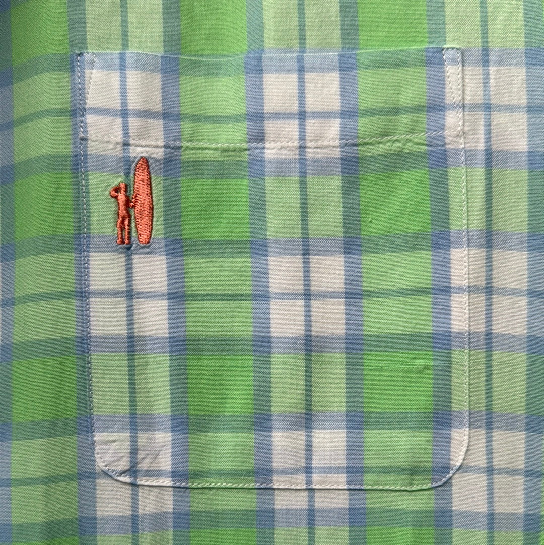 johnnie-O Polo Button Down, Green/Blue Plaid Mens Size M