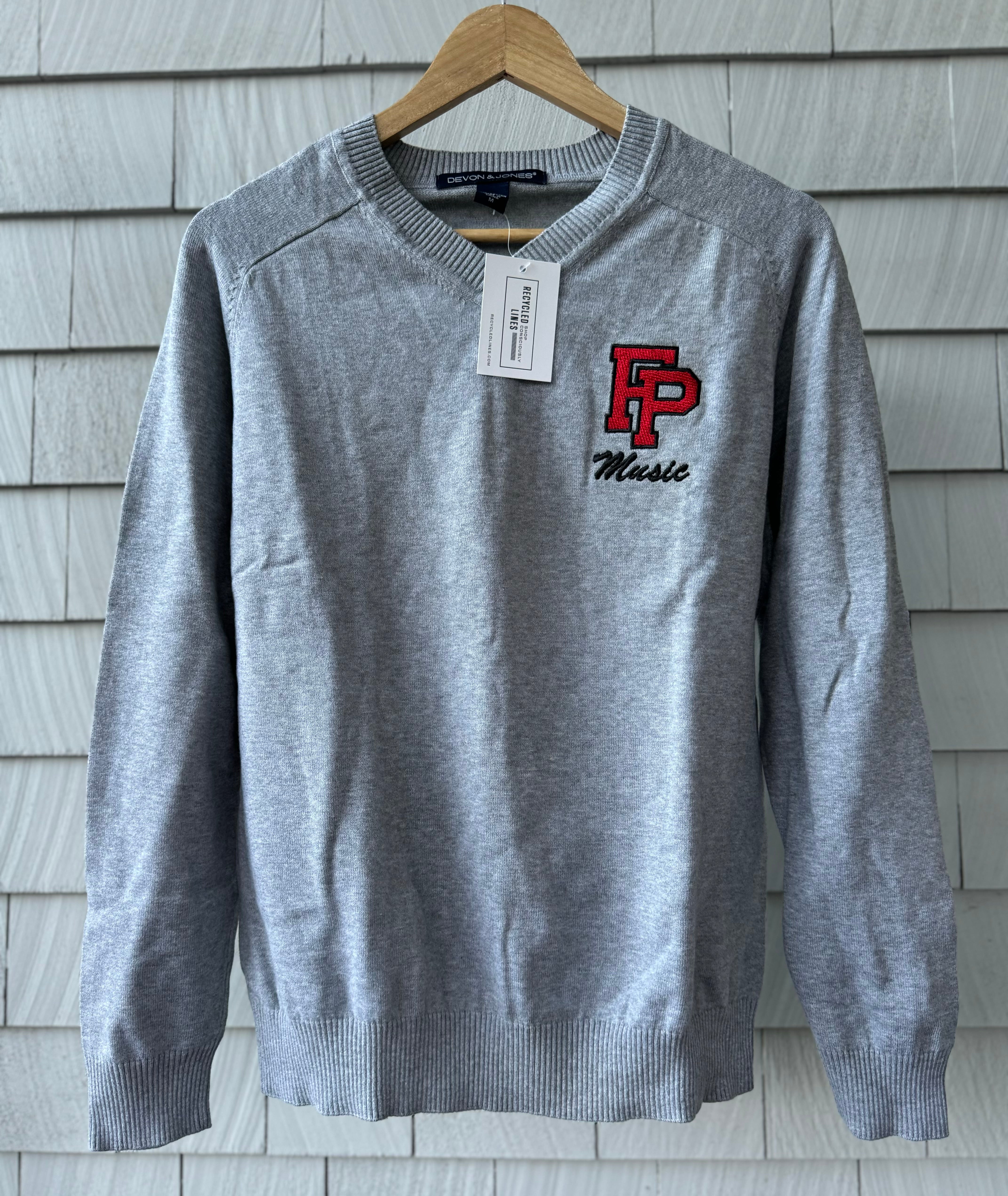 Fairfield Prep V-Neck Music Sweater, Gray Mens Size M in excellent condition — Recycled Lines, Fairfield CT | Premium Sustainable Consignment