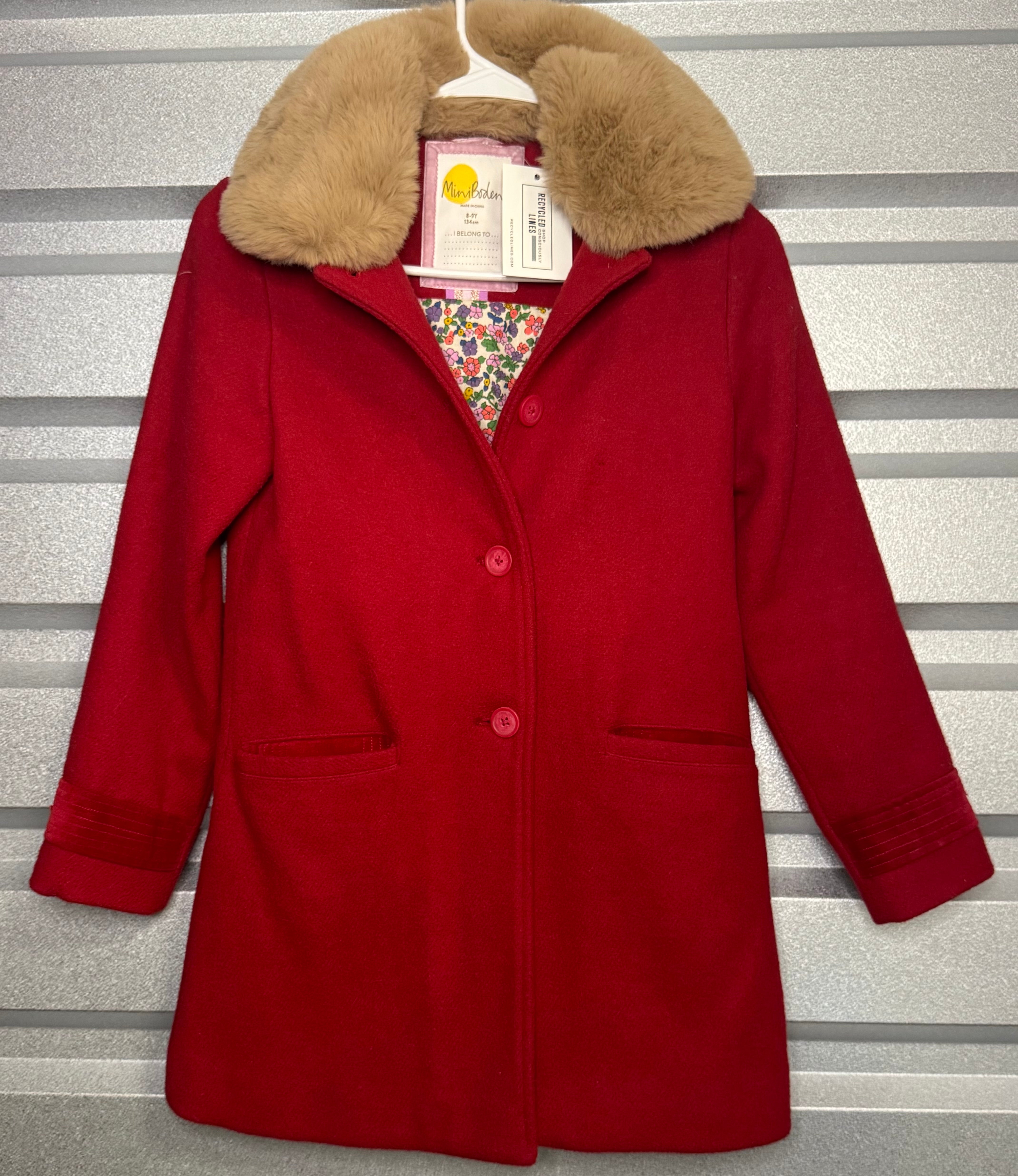 Mini Boden Wool Blend Removable Faux Fur Collar Coat, Red Girls Size 8/9