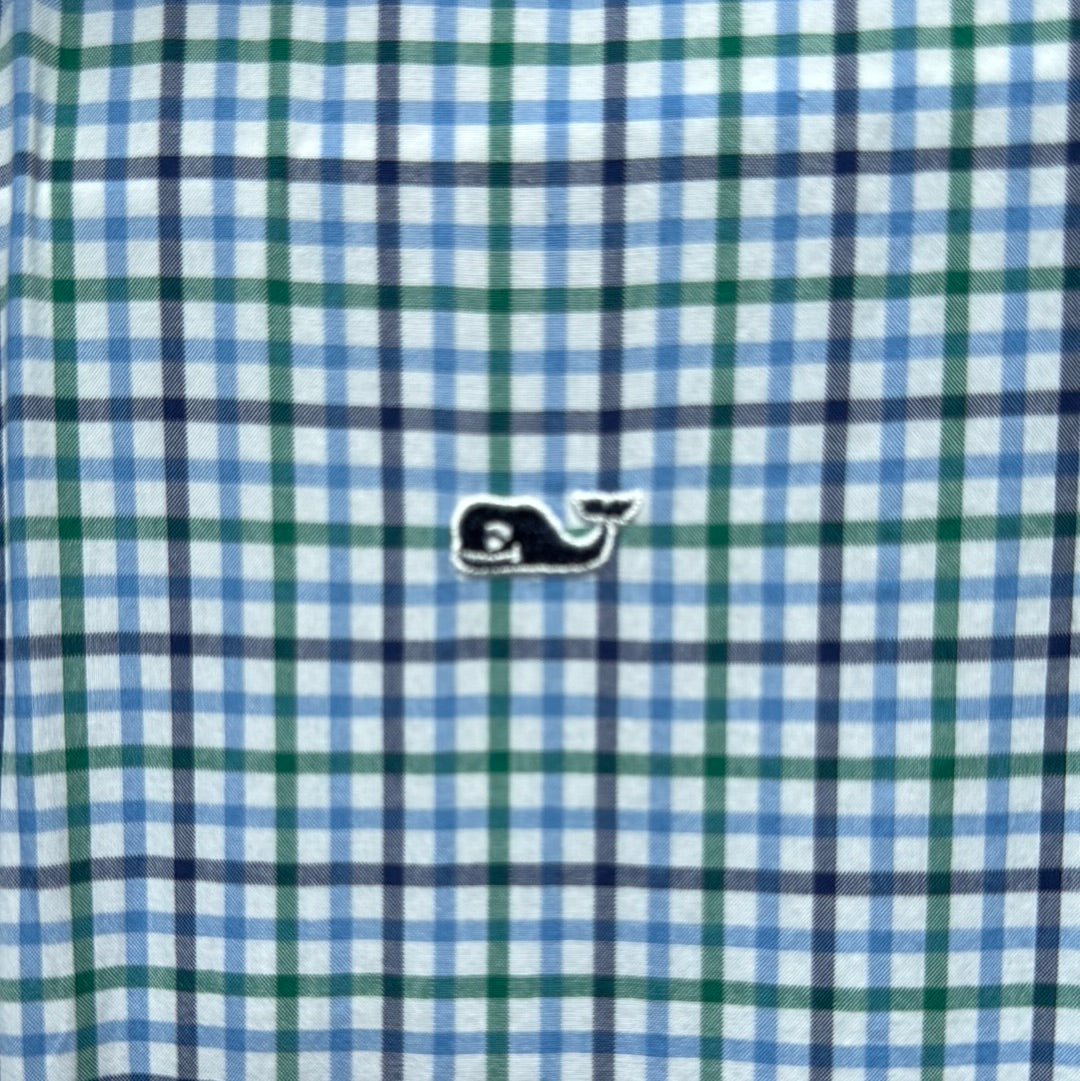 Vineyard Vines Button Down, Blue/Green Plaid Boys Size L in excellent condition — Recycled Lines, Fairfield CT | Premium Sustainable Consignment