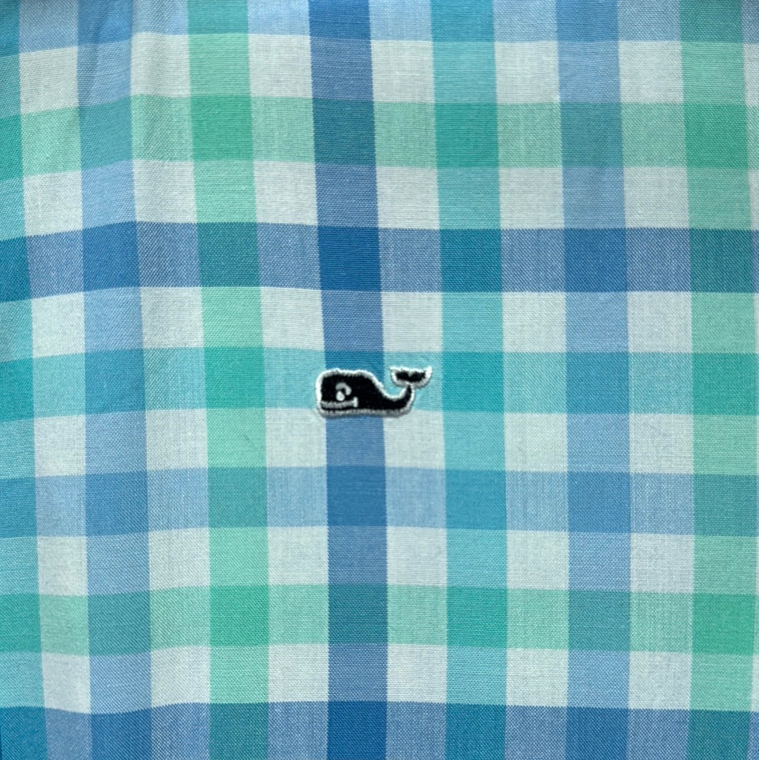 Vineyard Vines Button Down, Mint/Blue Check Boys Size L (16) in excellent condition — Recycled Lines, Fairfield CT | Premium Sustainable Consignment
