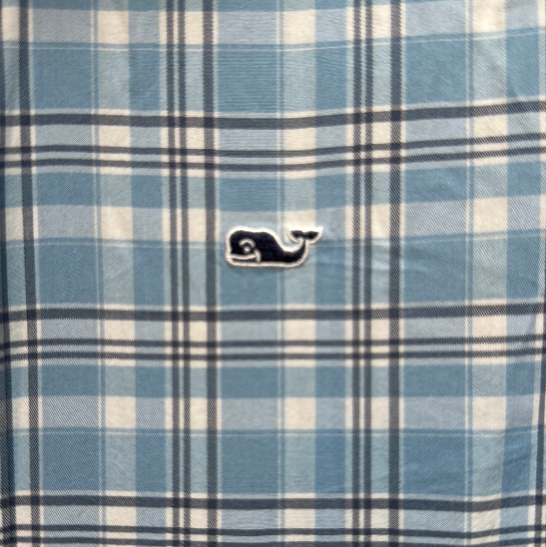 Vineyard Vines Performance Button Down, Blue/Gray Plaid Boys Size M (12/14)