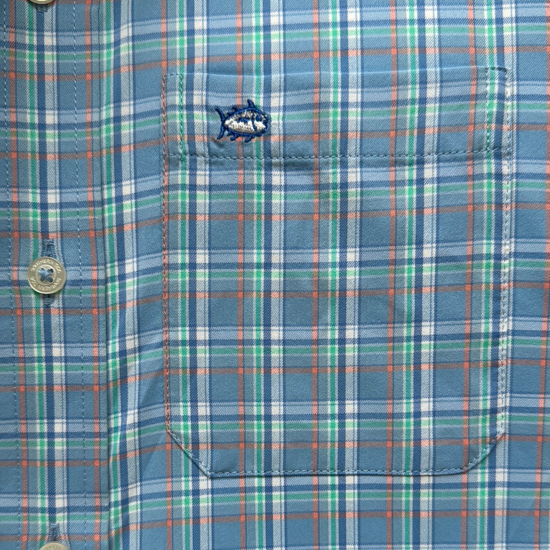 Southern Tide Intercoastal Button Down, Blue Plaid Boys Size L (12/14) in excellent condition — Recycled Lines, Fairfield CT | Premium Sustainable Consignment