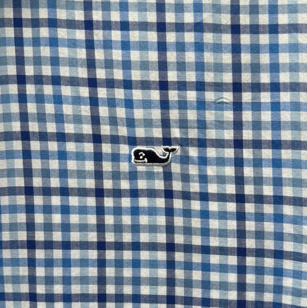 Vineyard Vines Button Down, Navy Plaid Boys Size L in excellent condition — Recycled Lines, Fairfield CT | Premium Sustainable Consignment