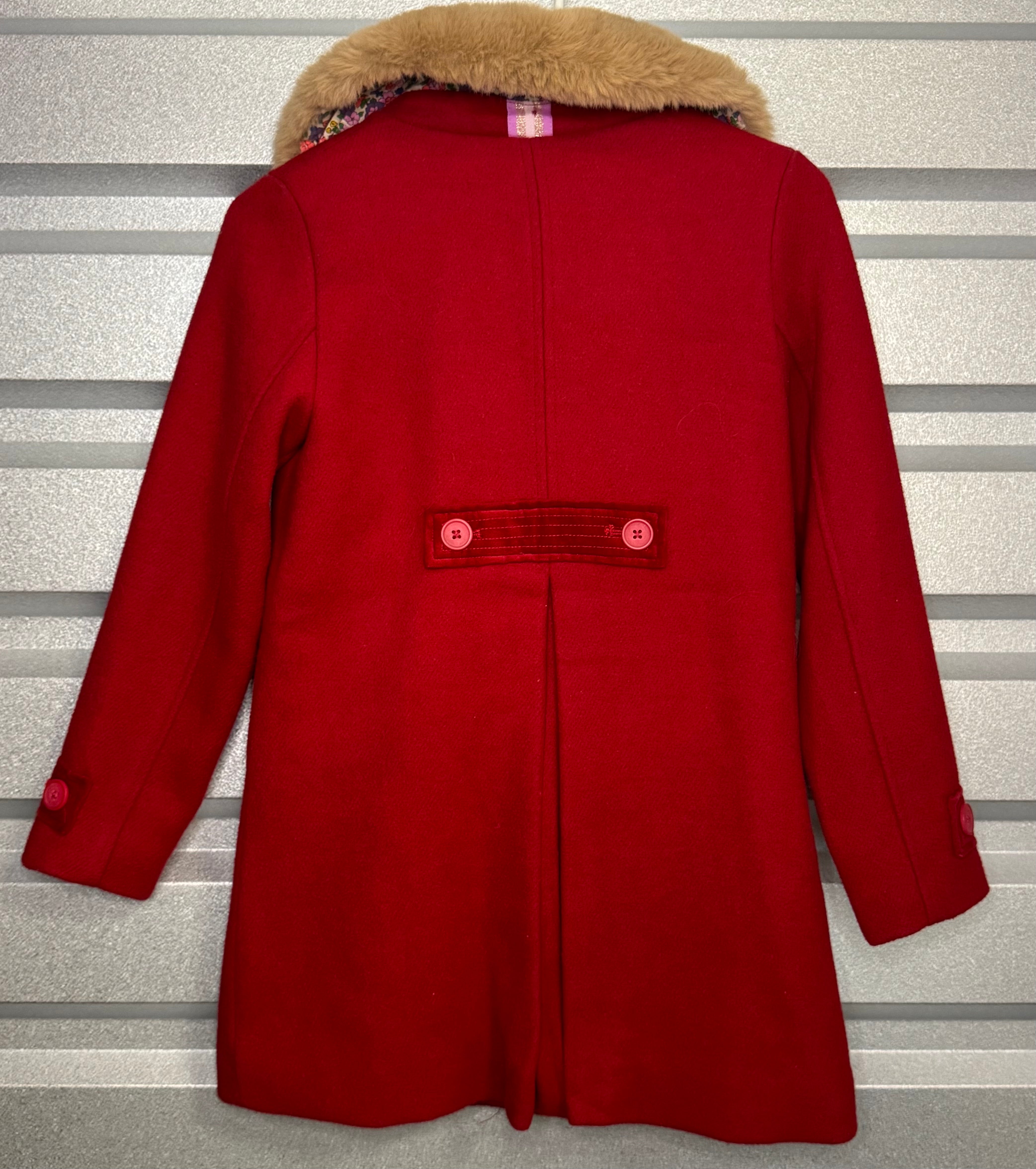 Mini Boden Wool Blend Removable Faux Fur Collar Coat, Red Girls Size 8/9