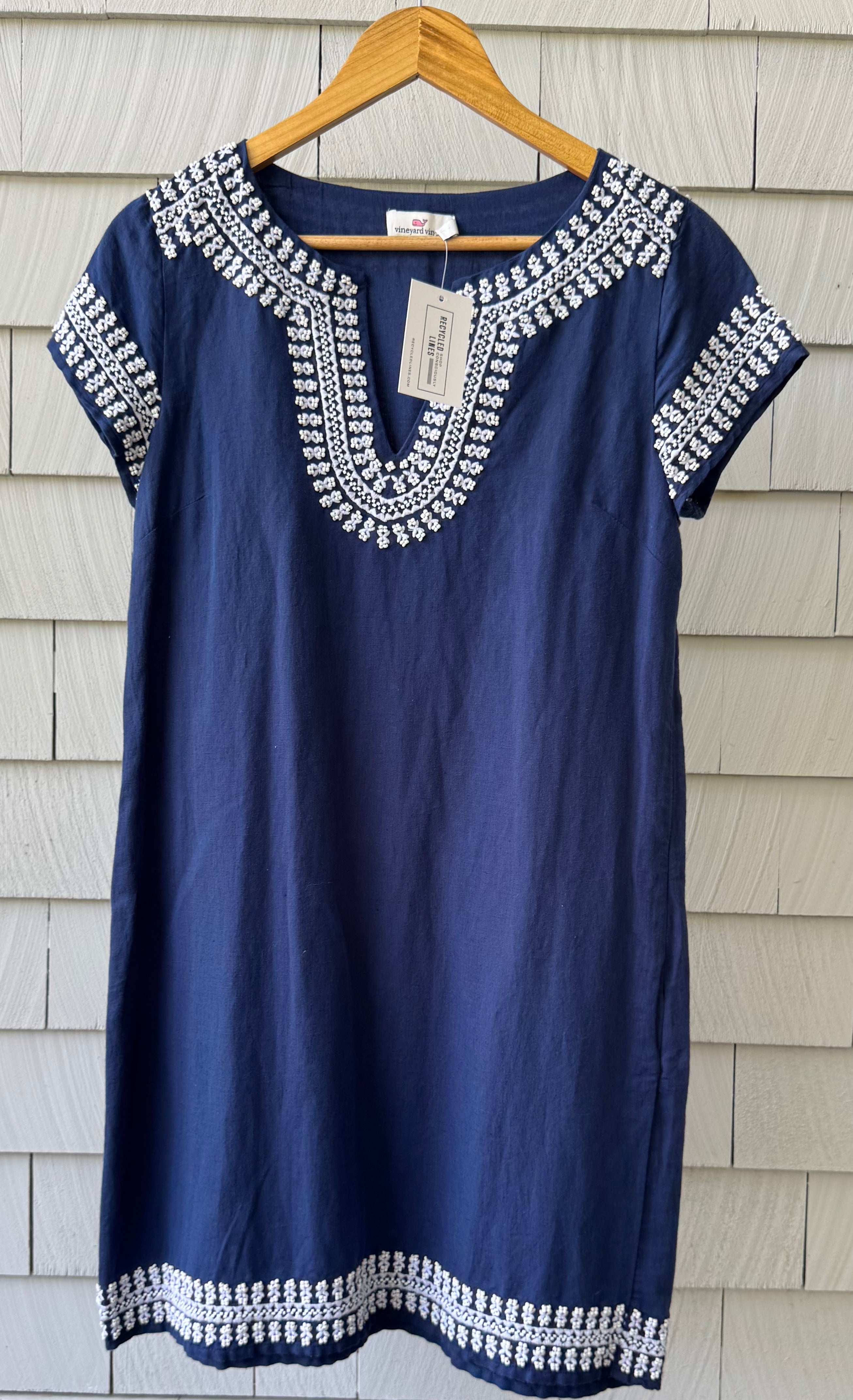Vineyard Vines Embellished Beaded Tunic Shift Dress, Navy/White Womens Size 2
