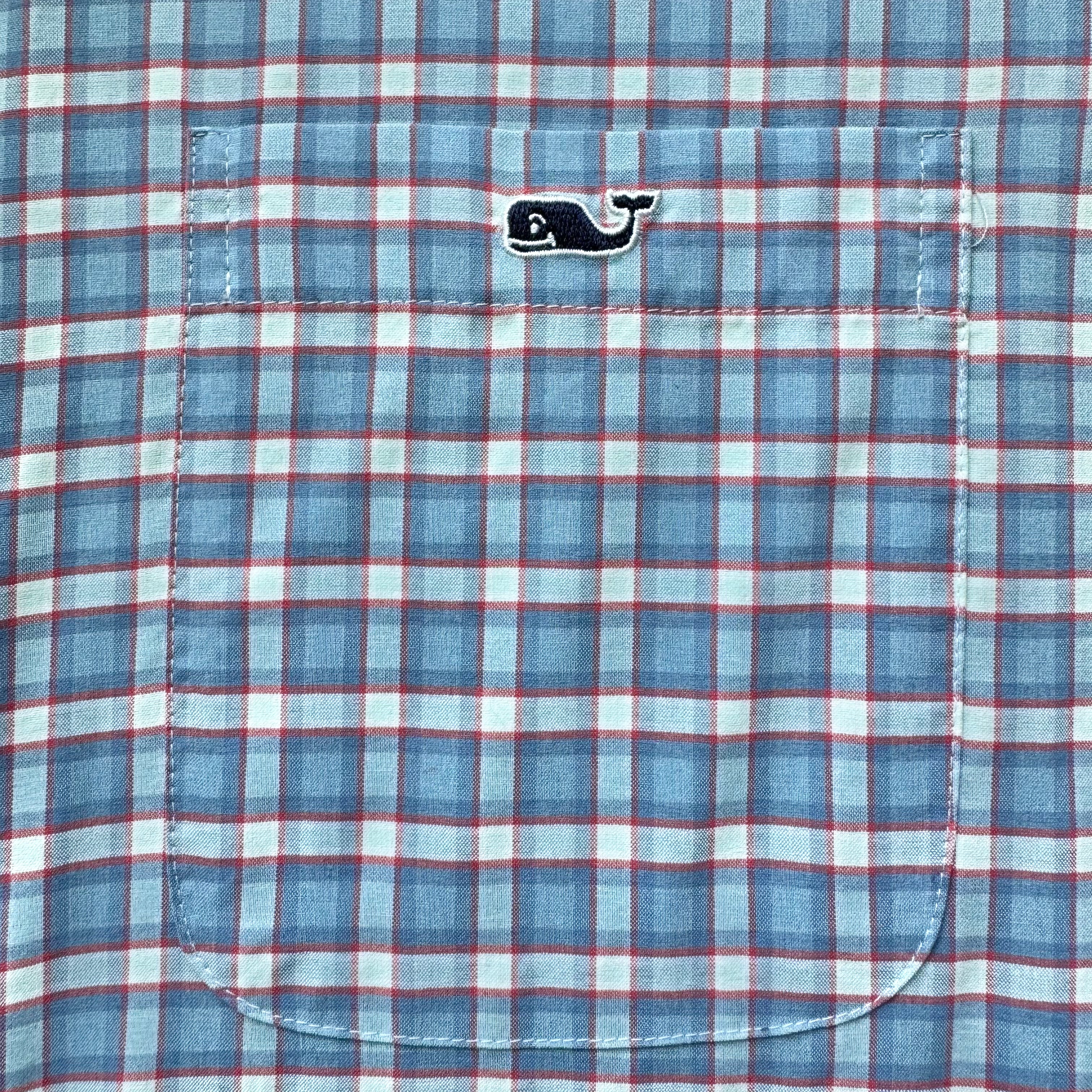 Vineyard Vines Performance Button Down, Blue/White/Red Mens Size M