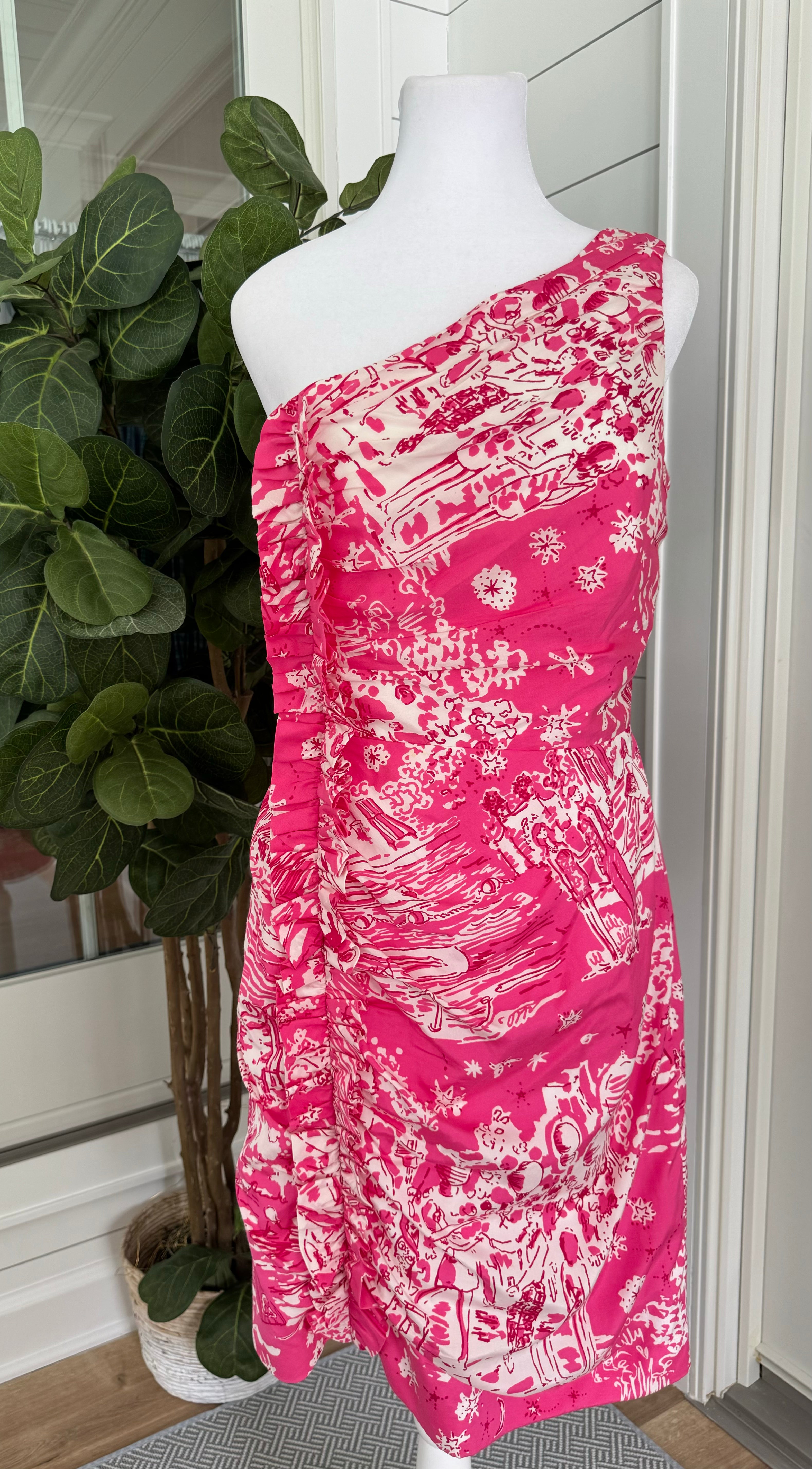 Lilly Pulitzer One Shoulder Dress, Pink/White Womens Size 8