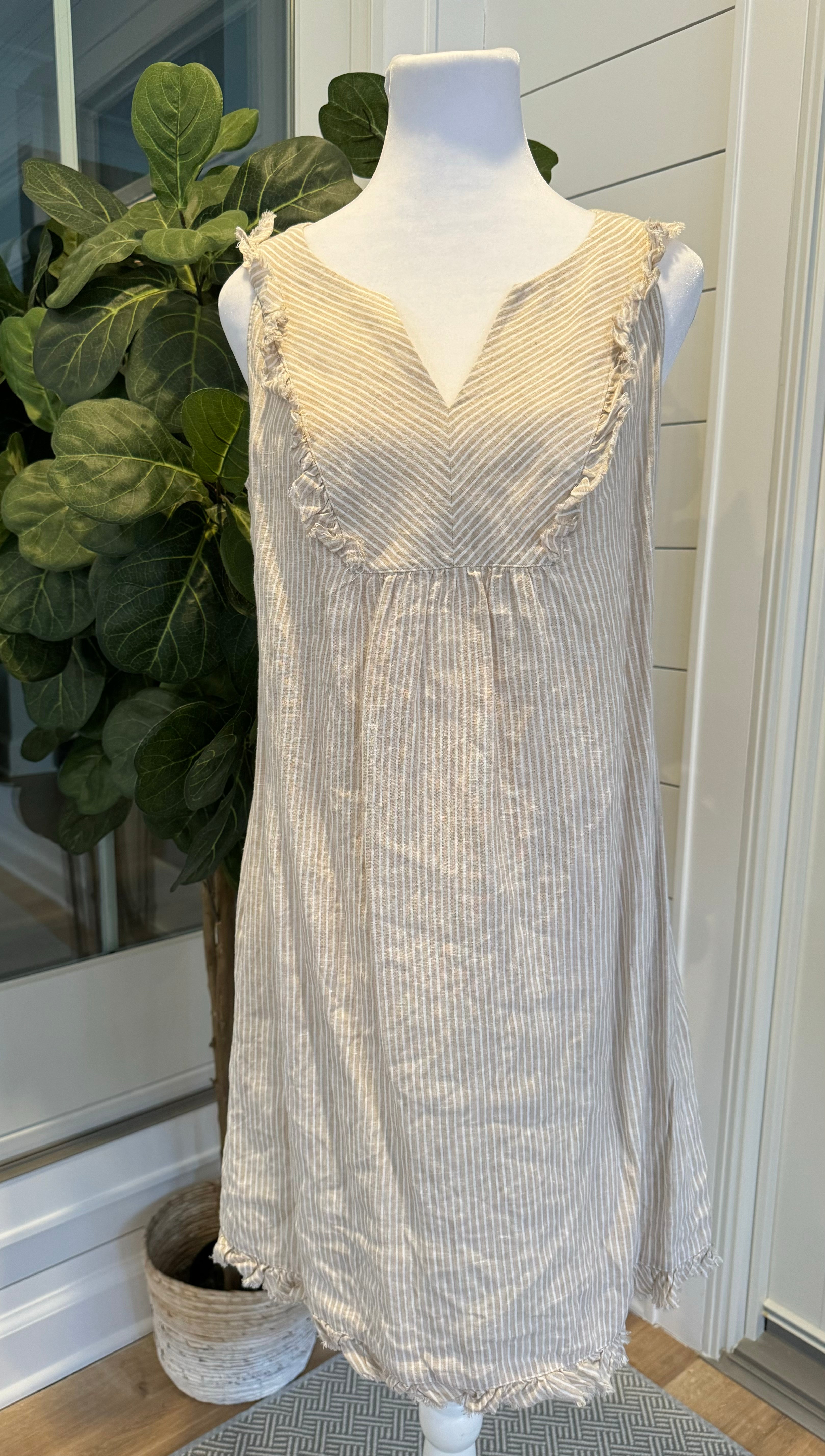Vineyard Vines Linen Dress, Tan/White Womens Size 8