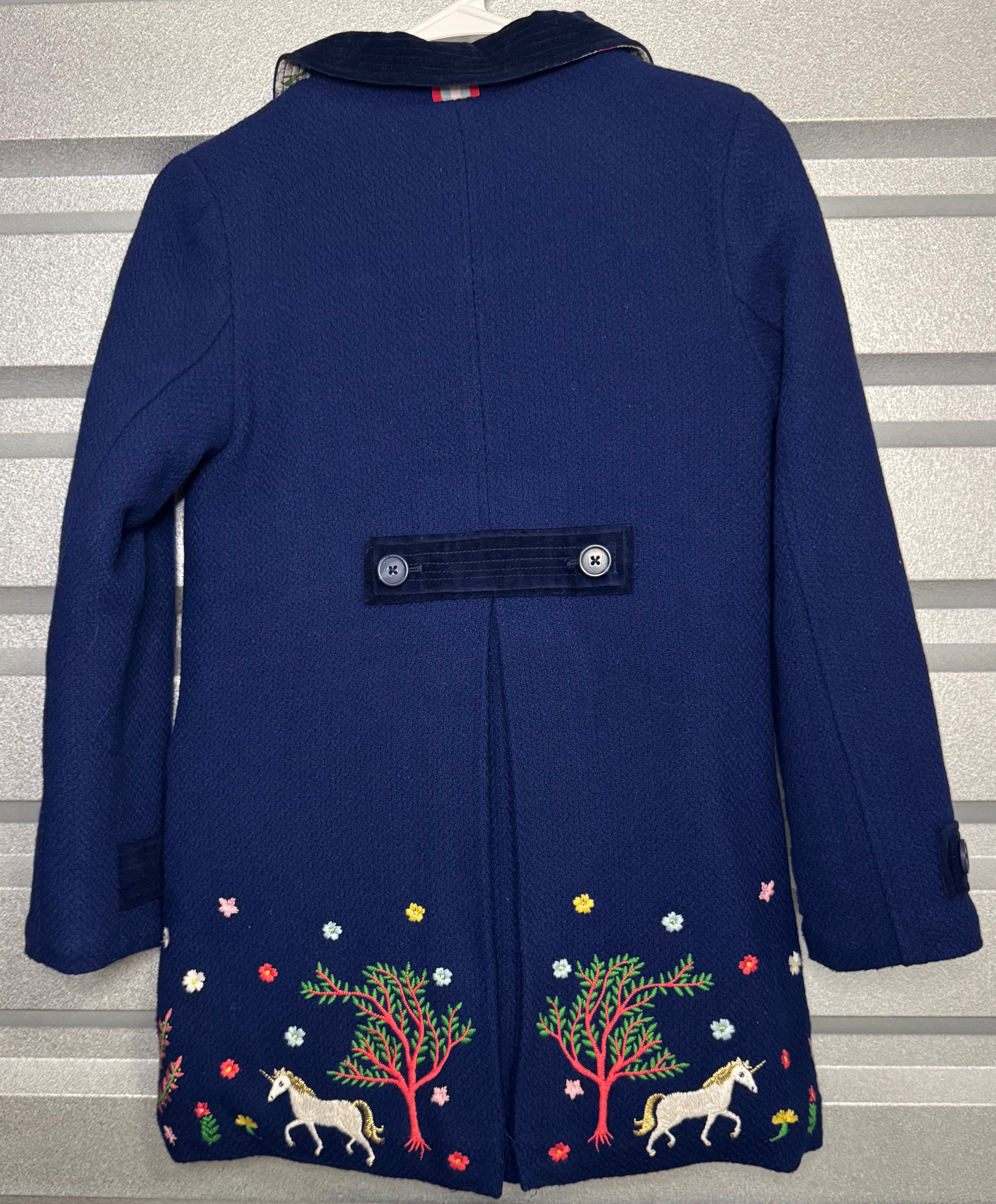 Mini Boden Wool Blend Embroidered Unicorn Coat, Navy Girls Size 9/10