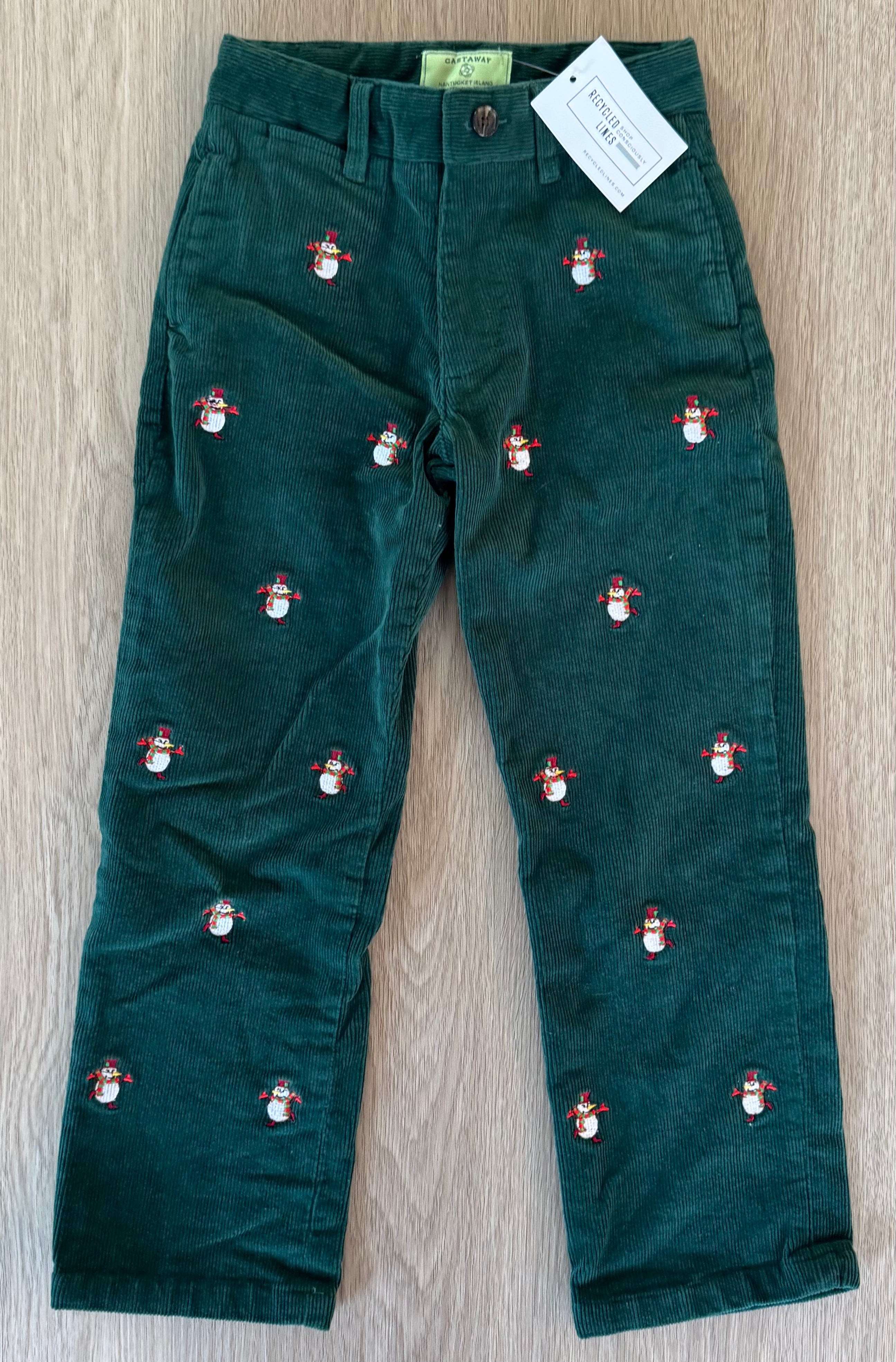 Castaway Snowman Corduroy Pants, Forest Boys Size 6