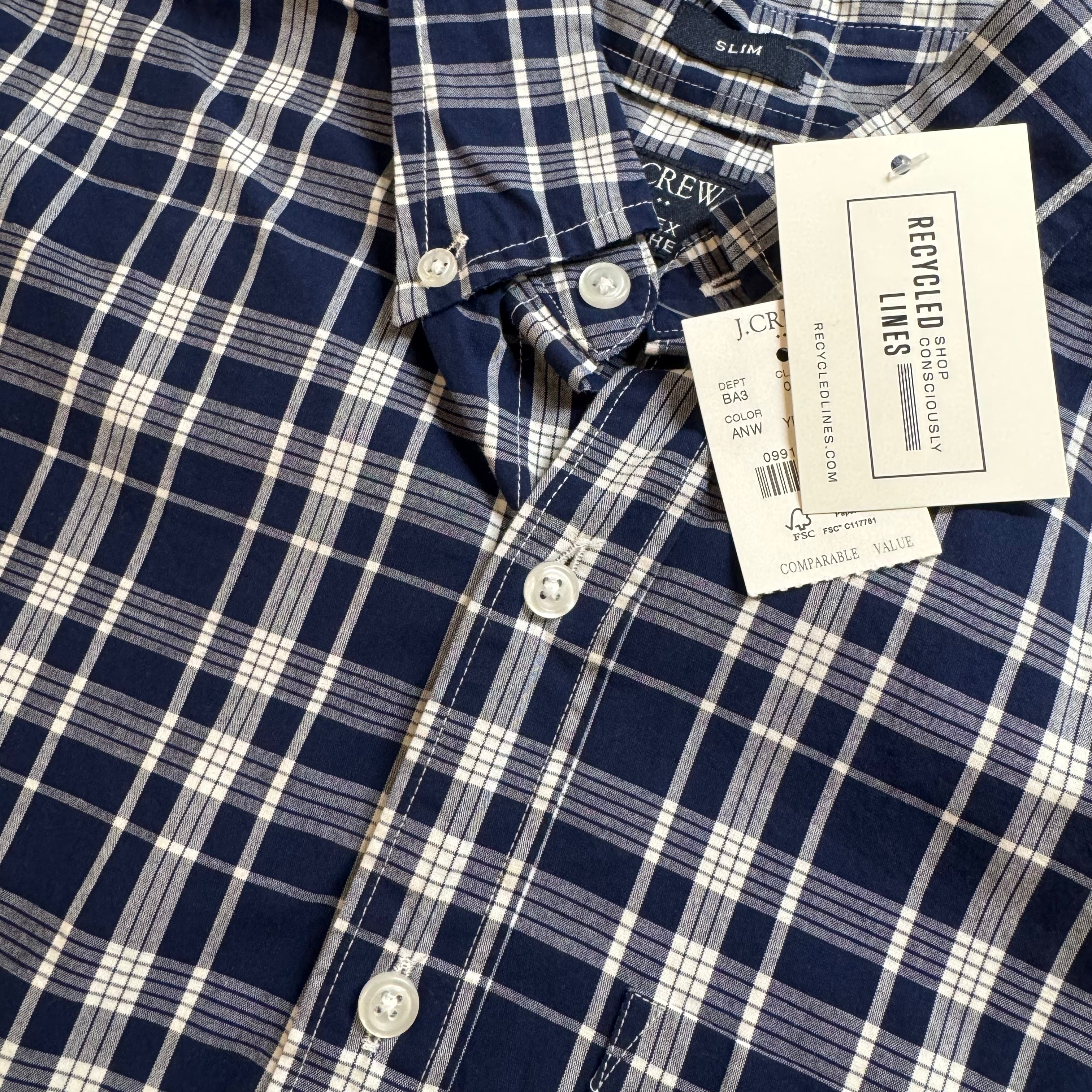 J.Crew NWT Plaid Button Down, Navy/White Mens S in new with tags — Recycled Lines, Fairfield CT | Premium Sustainable Consignment
