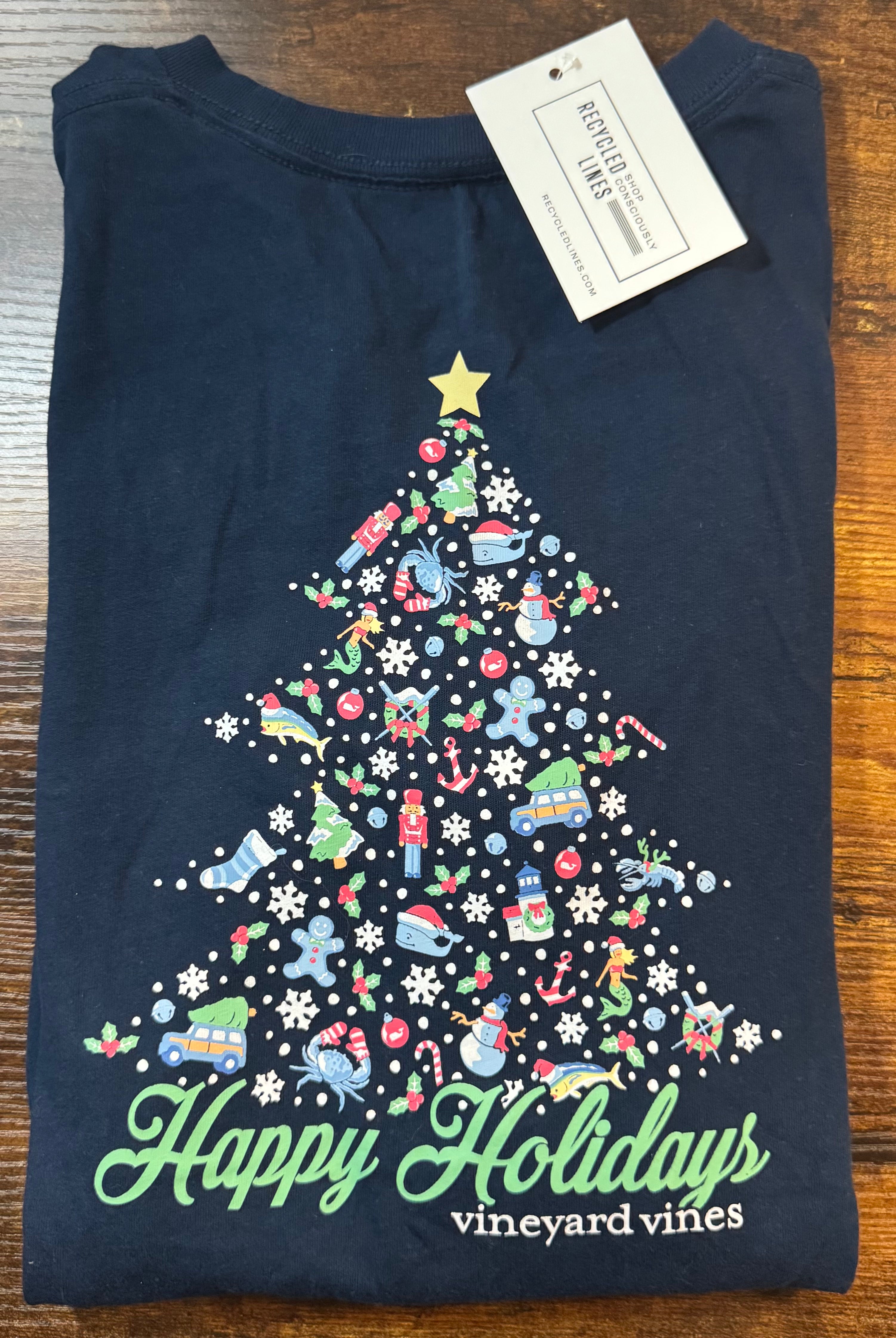 Vineyard Vines Santa/XMasTree Tee, Navy Boys Size M (12/14)