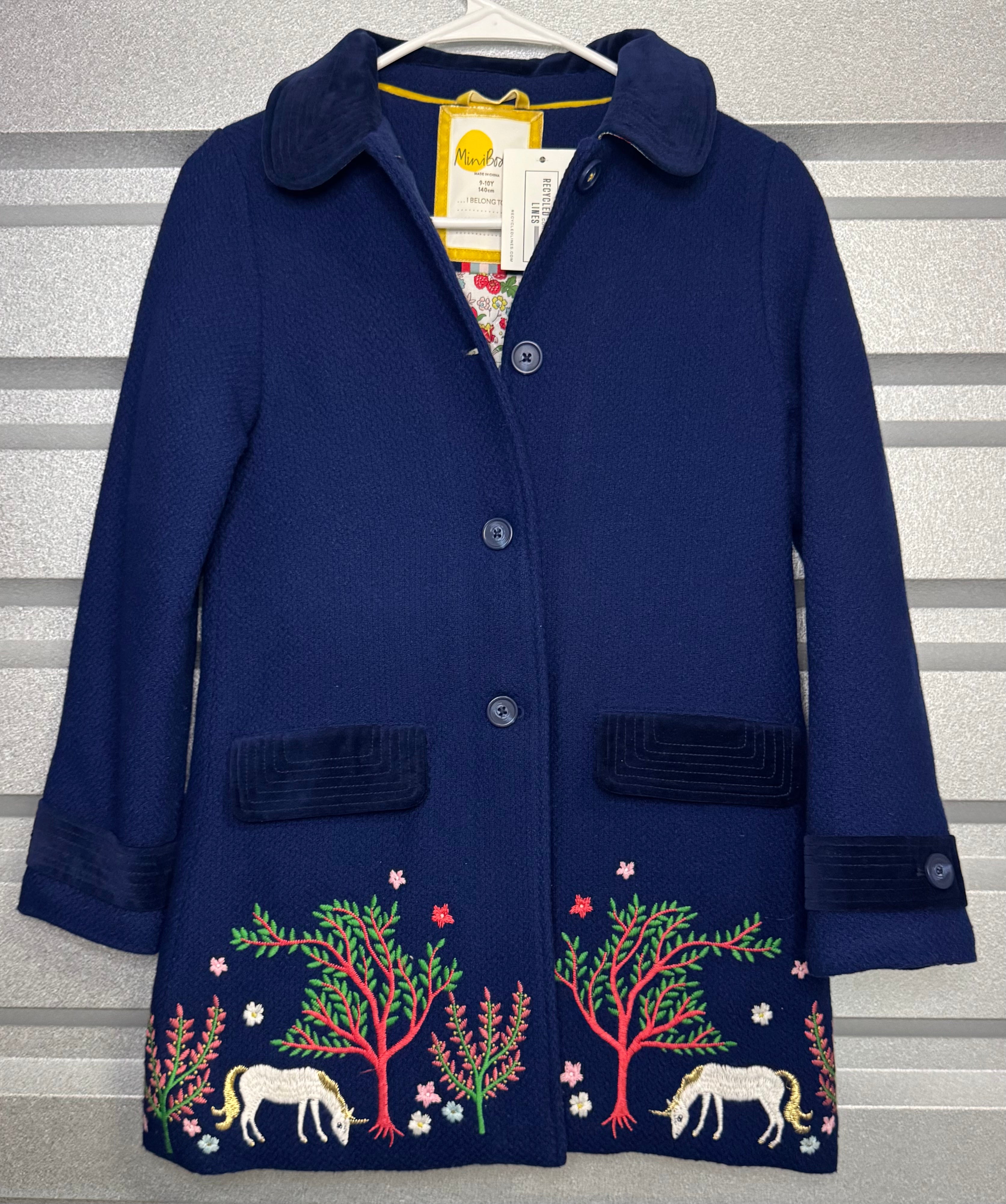 Mini Boden Wool Blend Embroidered Unicorn Coat, Navy Girls Size 9/10