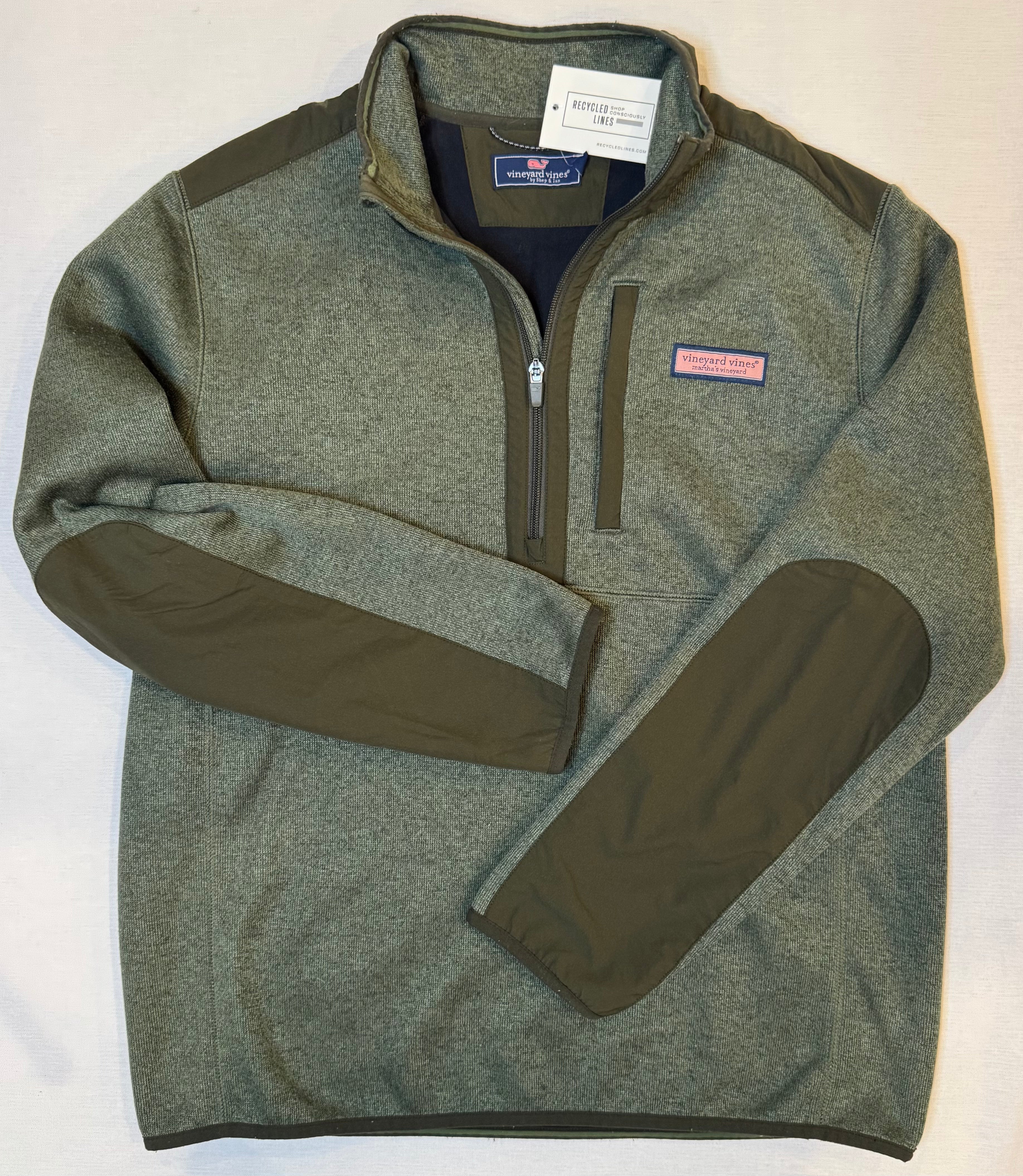 Vineyard Vines Fleece 1/4 Zip Pullover, Olive Mens Size L