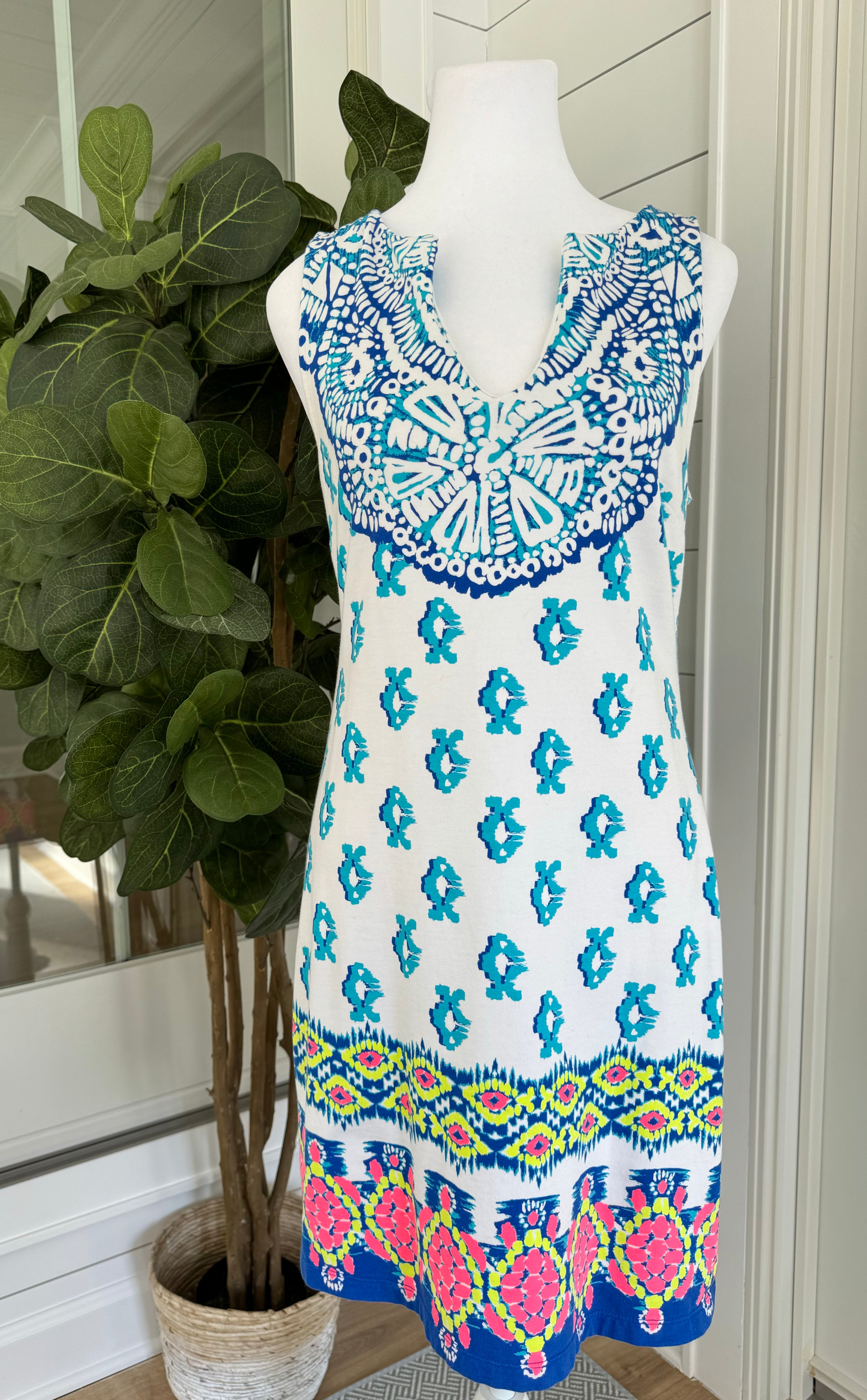 Lilly Pulitzer V-Neck Dress, Teal/Navy/White Womens Size S