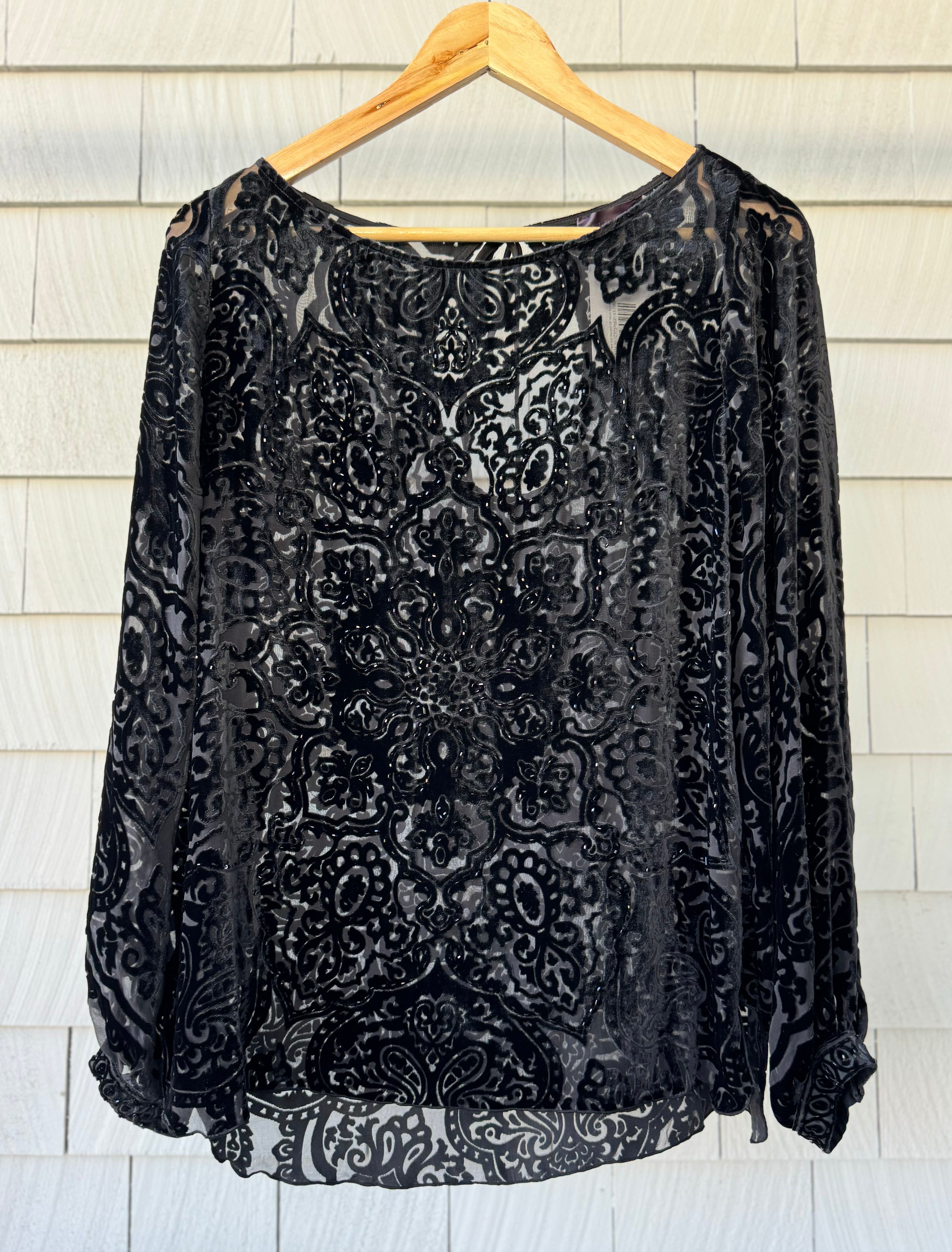 Hale Bob Beaded Silk Velvet Blouse, Black Womens Size S in excellent condition — Recycled Lines, Fairfield CT | Premium Sustainable Consignment