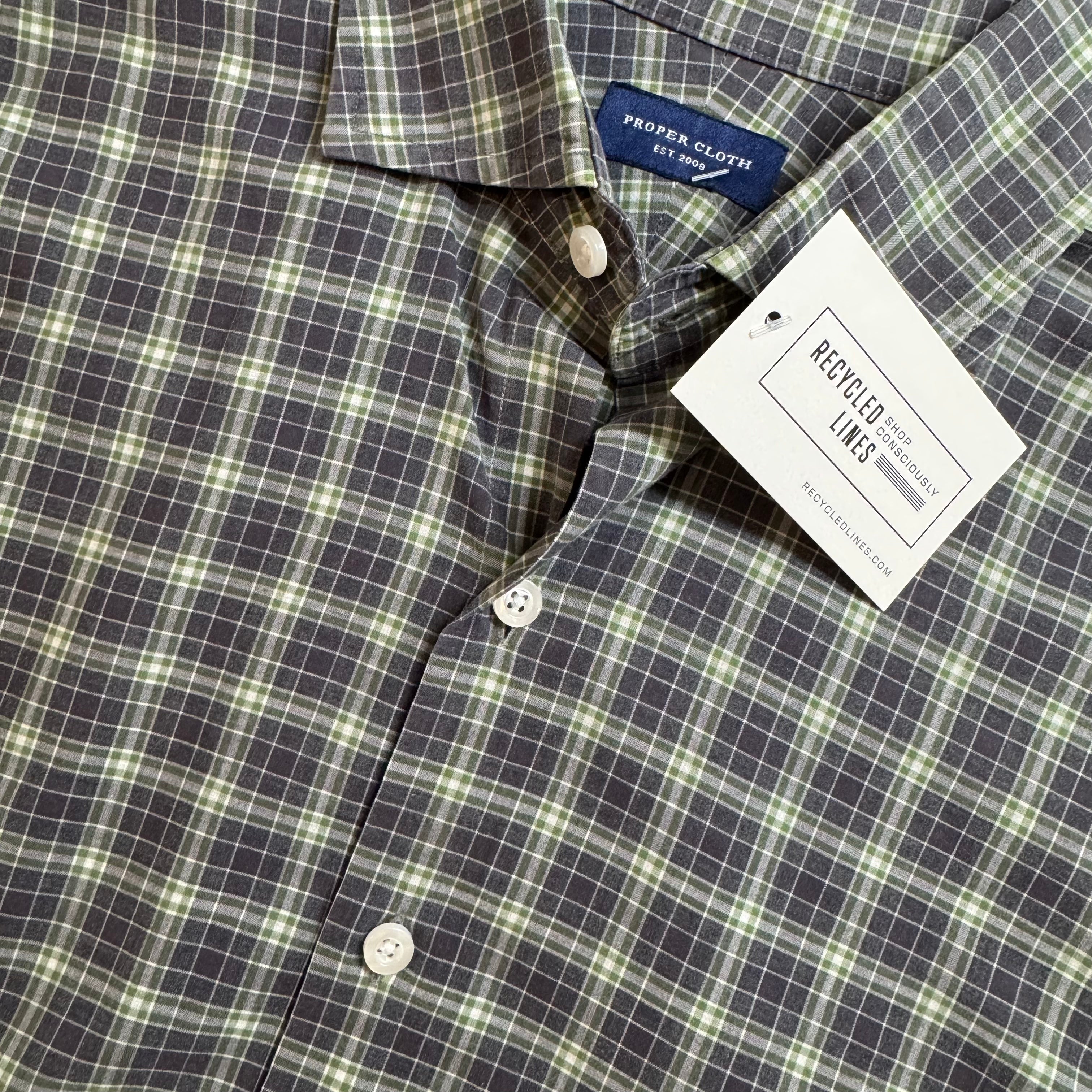 Proper Cloth Button Down, Navy/Green Plaid Mens Size S? in excellent condition — Recycled Lines, Fairfield CT | Premium Sustainable Consignment