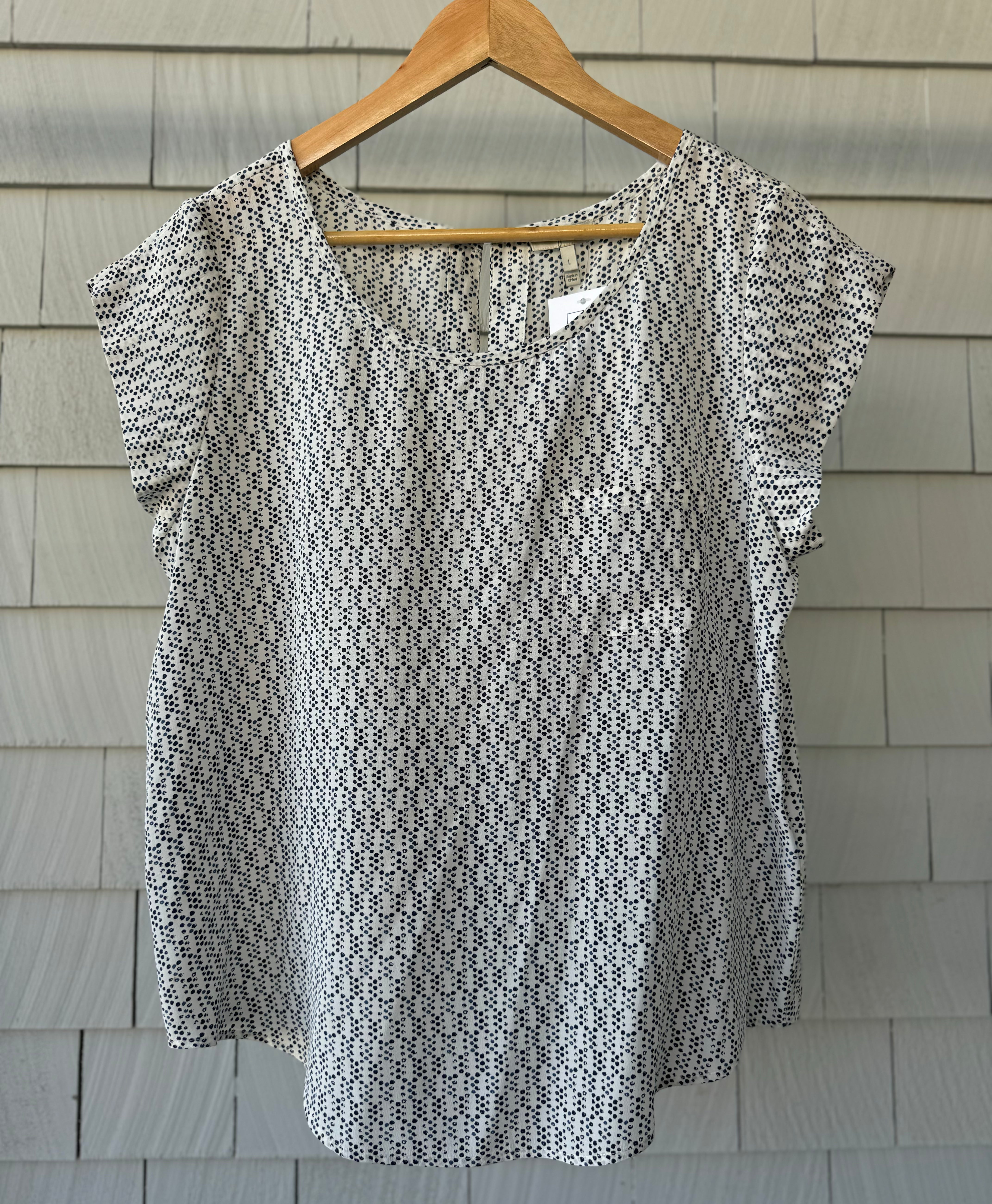 Joie Short Sleeve Printed Blouse, Navy/White Womens Size L in excellent condition — Recycled Lines, Fairfield CT | Premium Sustainable Consignment