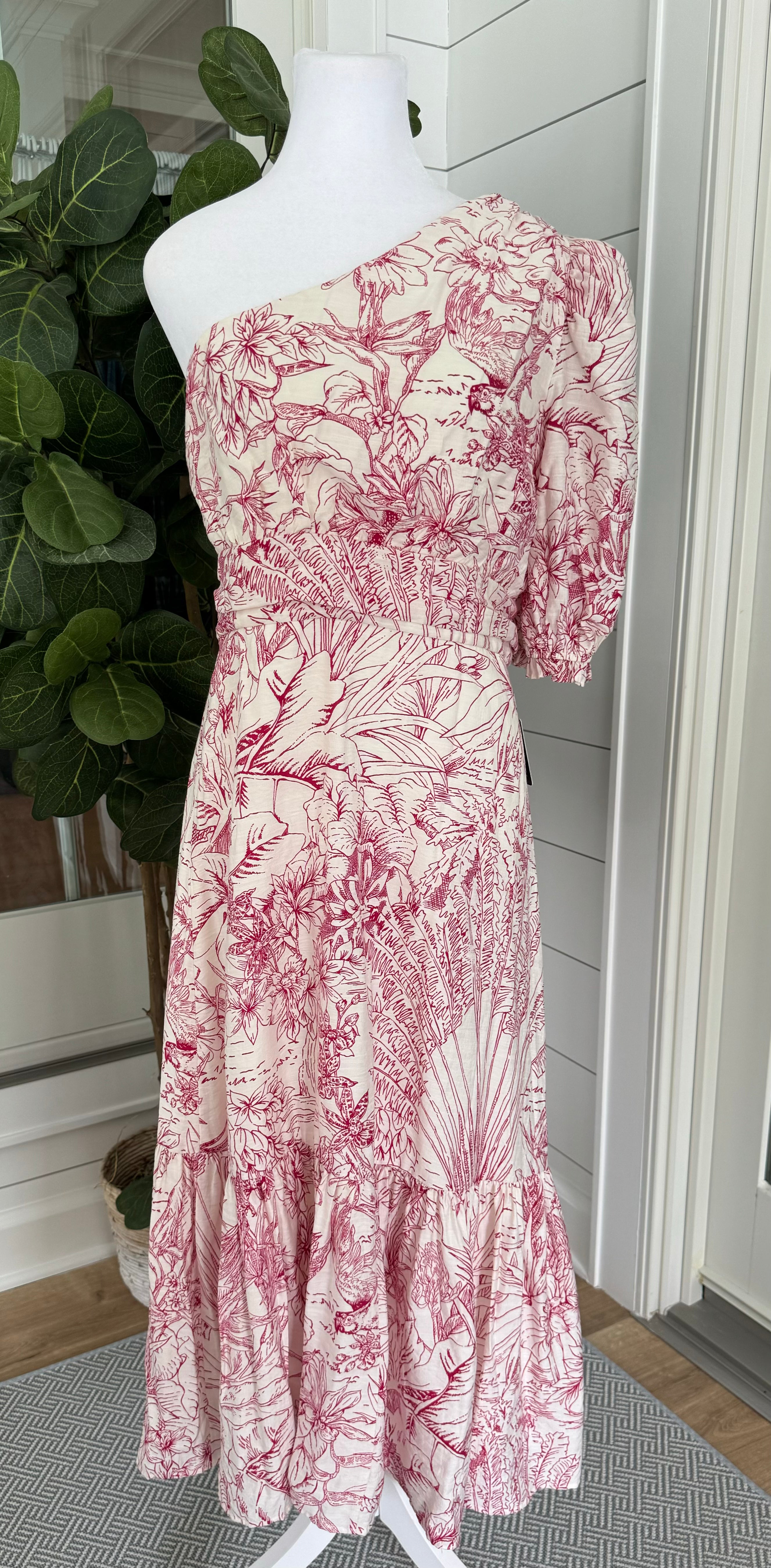 Express NWT One Shoulder Floral Dress, Pink/White Womens Size M in new with tags — Recycled Lines, Fairfield CT | Premium Sustainable Consignment