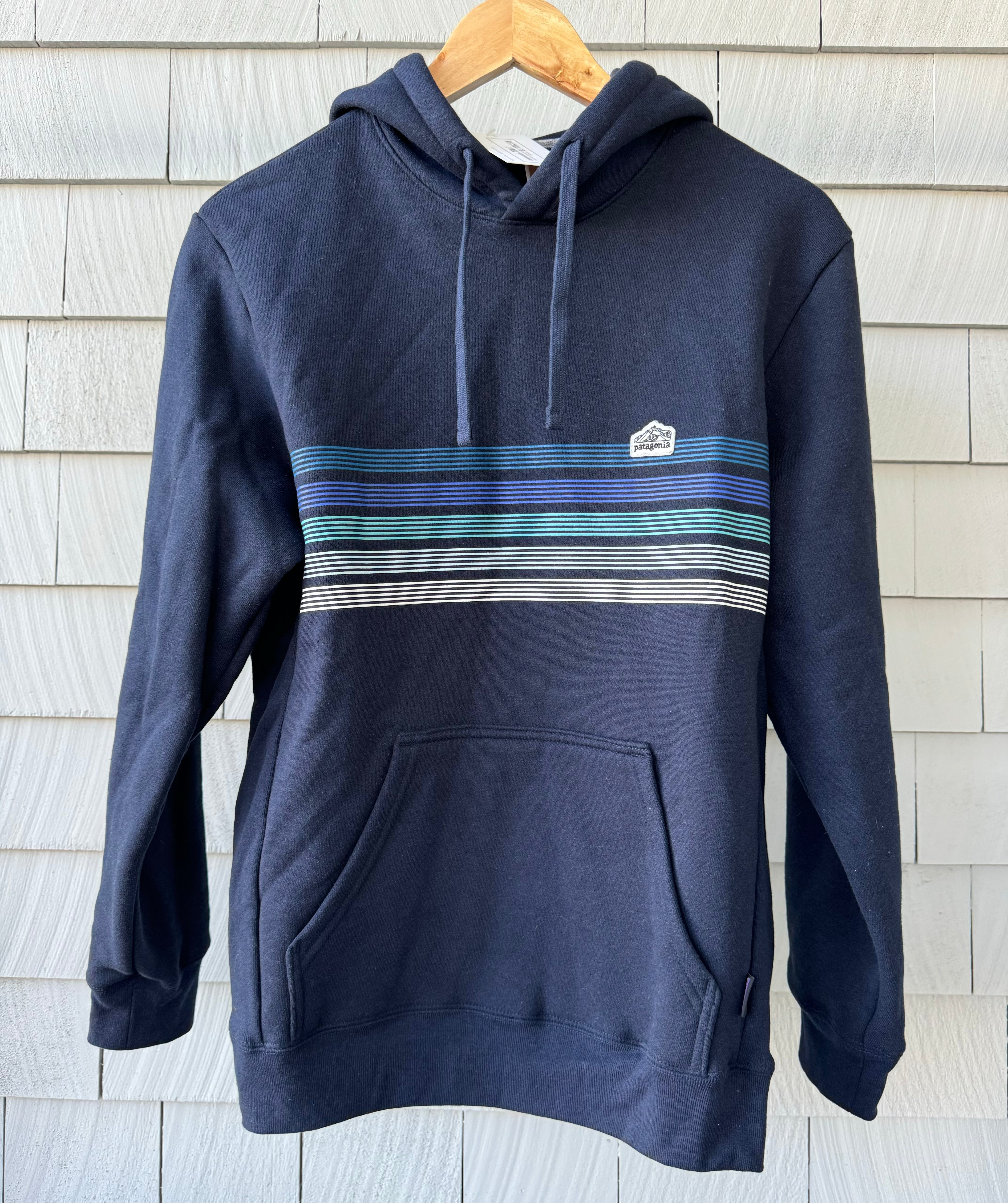 Patagonia Striped Sweatshirt, Navy Mens Size S in excellent condition — Recycled Lines, Fairfield CT | Premium Sustainable Consignment