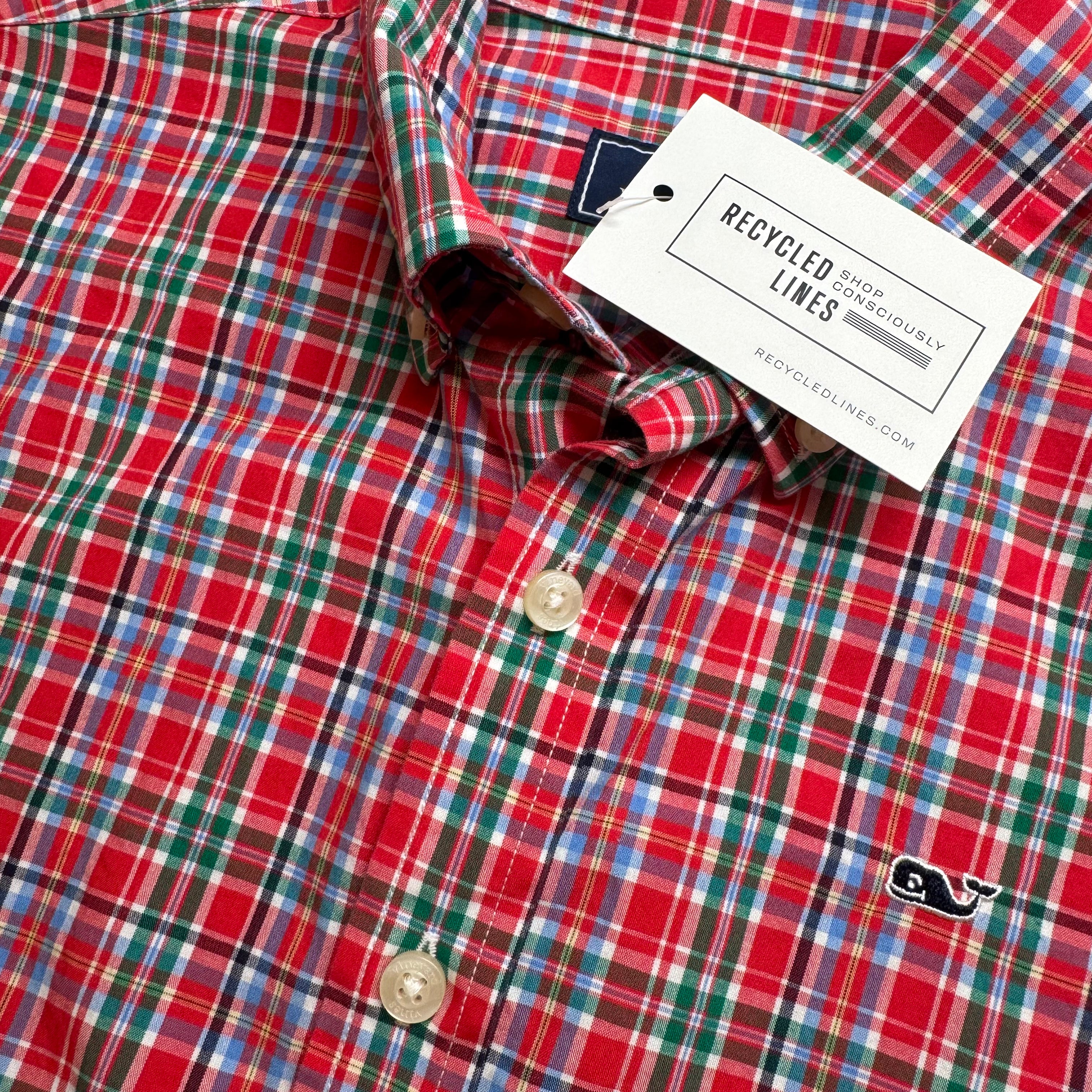 Vineyard Vines Button Down, Red/Green Plaid Boys Size L in excellent condition — Recycled Lines, Fairfield CT | Premium Sustainable Consignment