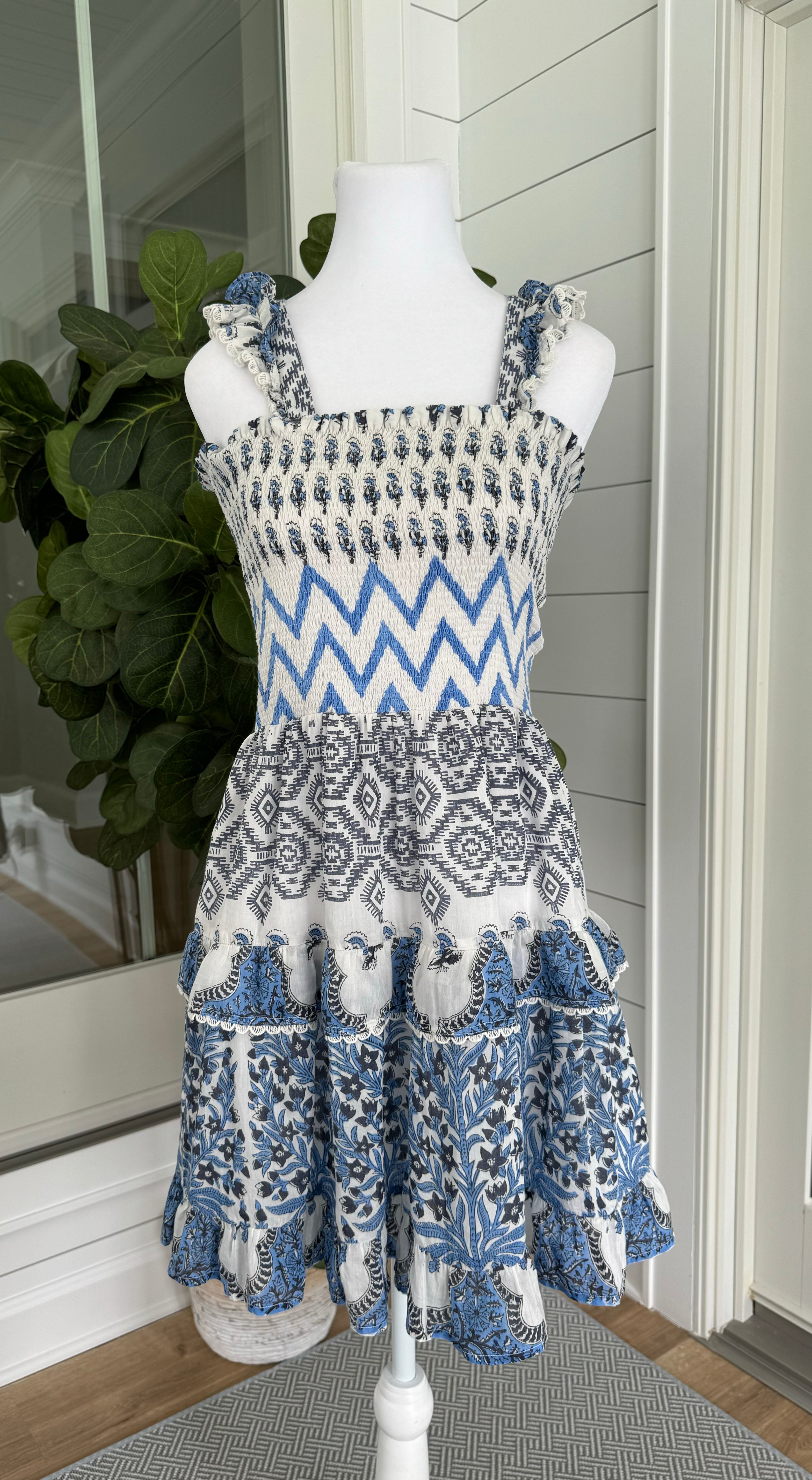 Bell Cotton Mini Dress, Blue/White Womens Size L