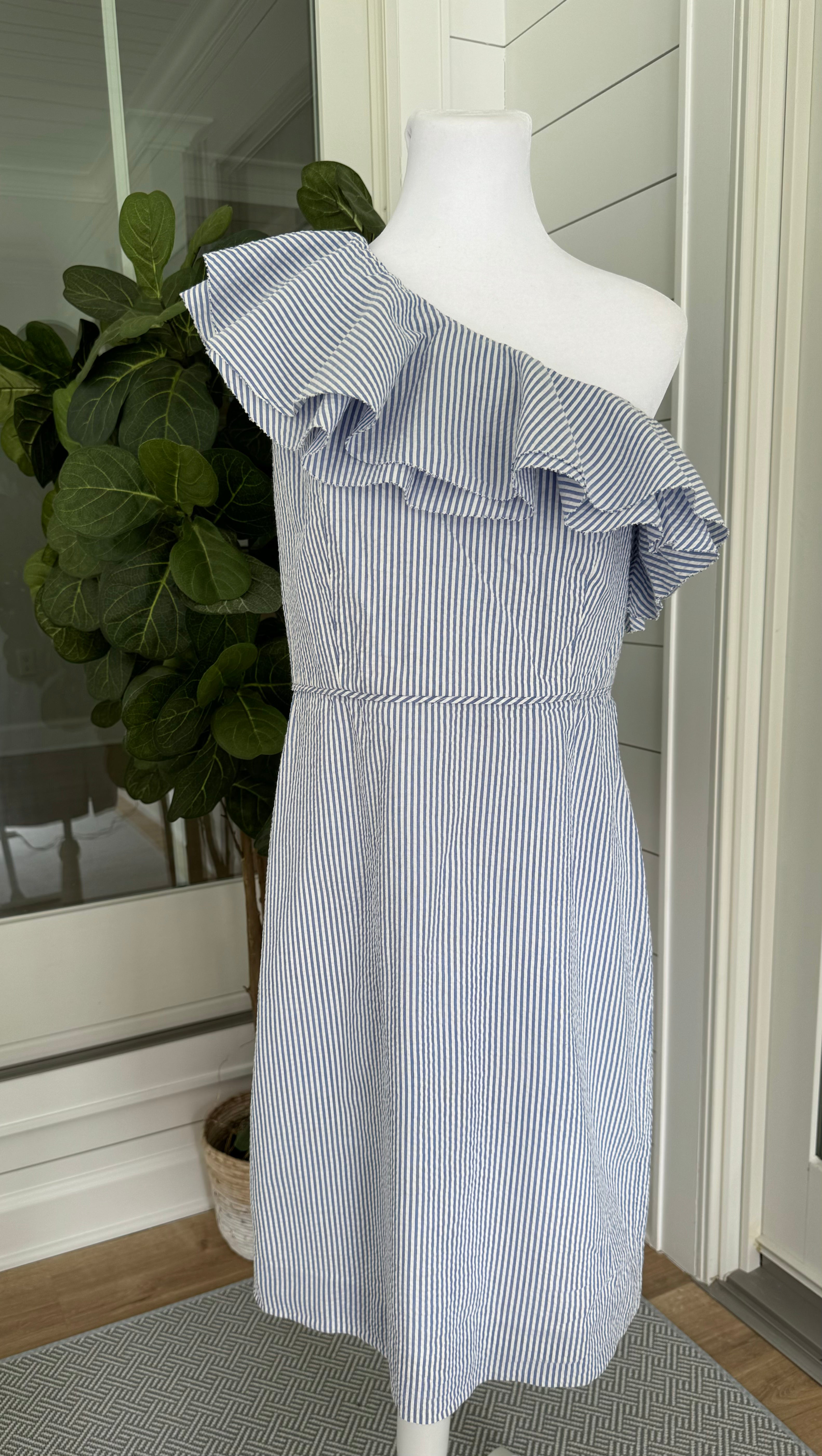 JCrew Seersucker One Shoulder Dress, Blue/White Womens Size 10 in excellent condition — Recycled Lines, Fairfield CT | Premium Sustainable Consignment