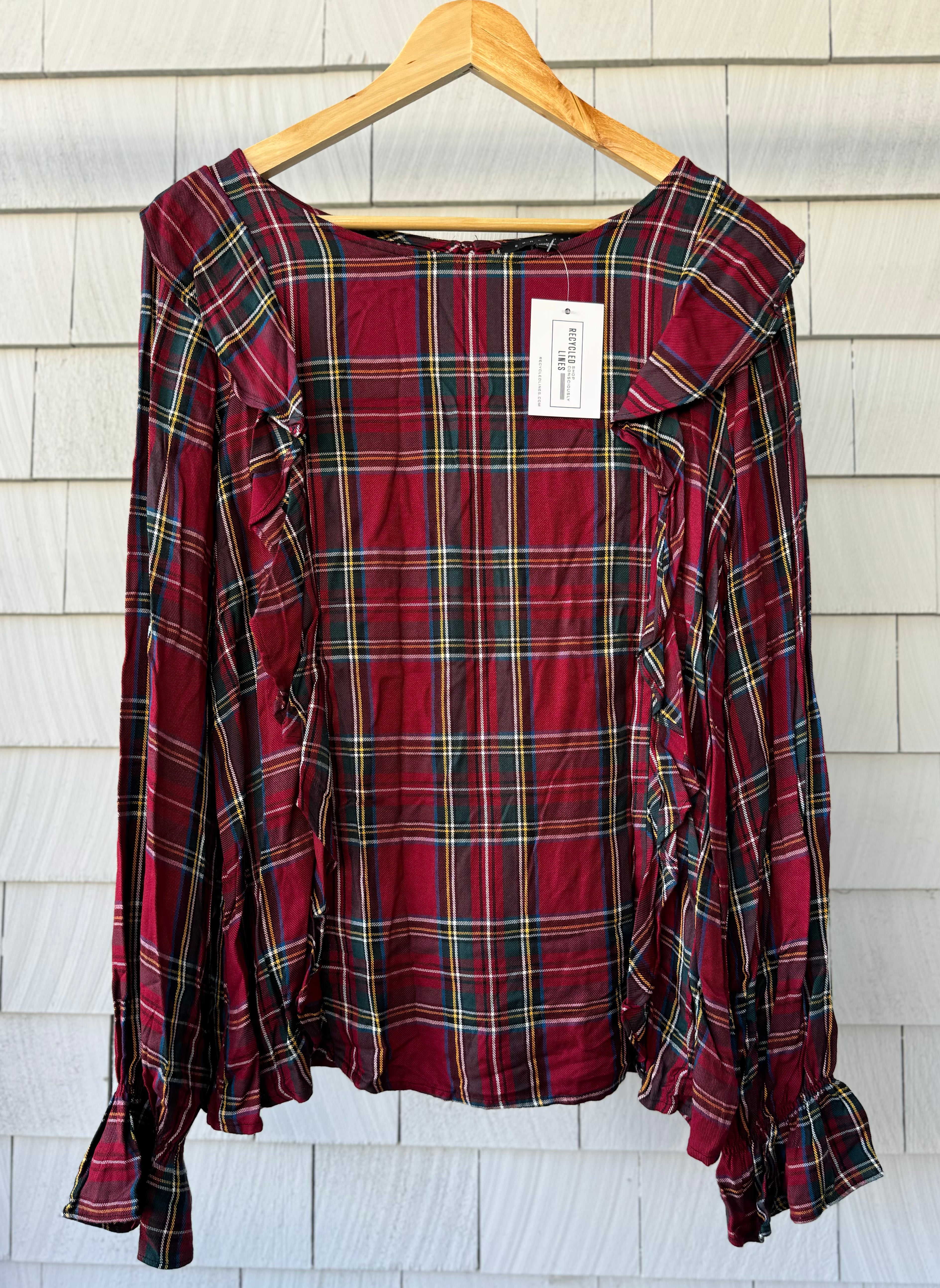 Sanctuary Holiday Plaid Ruffle Blouse, Red Womens Size L in excellent condition — Recycled Lines, Fairfield CT | Premium Sustainable Consignment