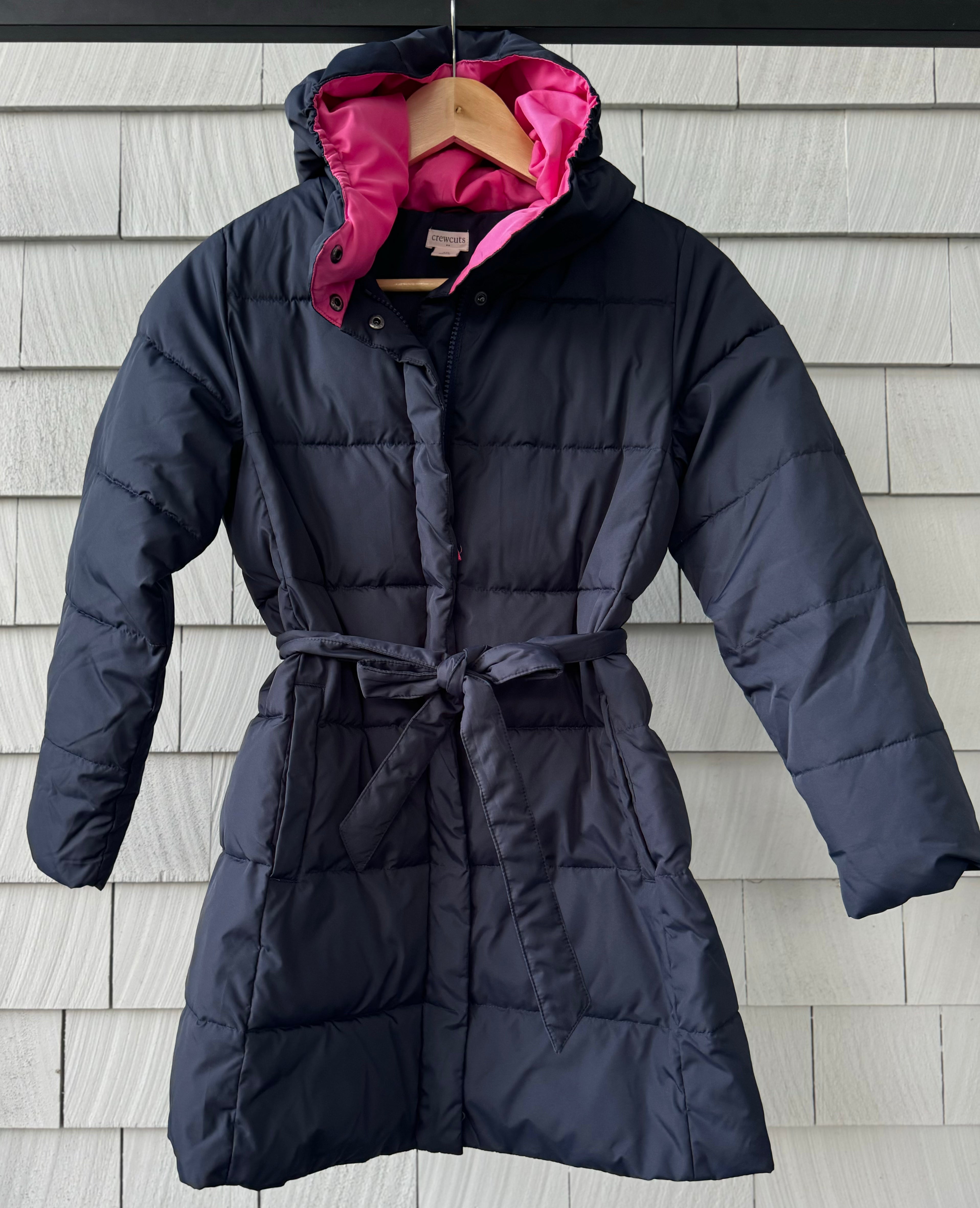 Crewcuts Long Quilted Puffer Jacket, Navy/Pink Girls Size 10 in excellent condition — Recycled Lines, Fairfield CT | Premium Sustainable Consignment