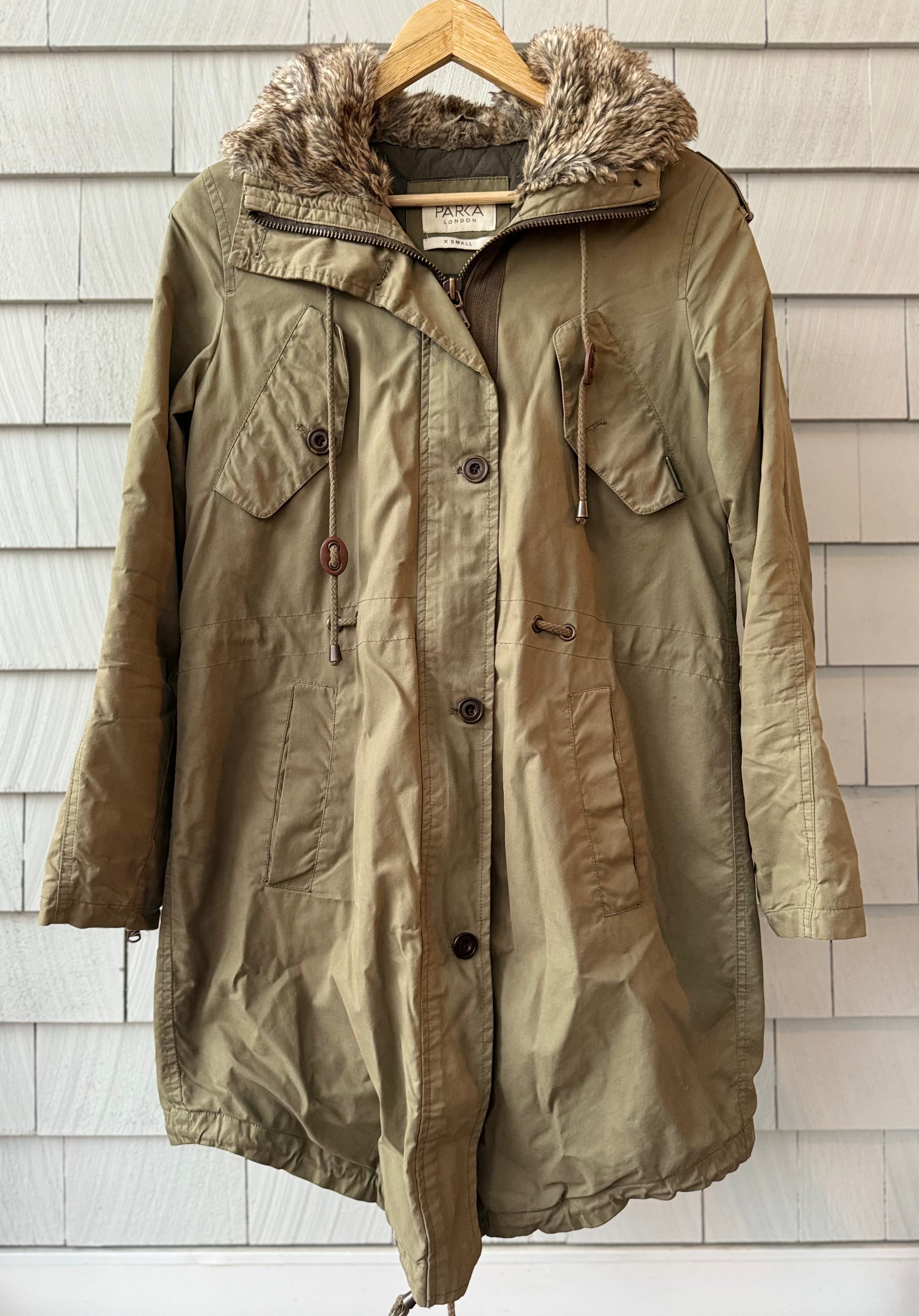 Parka London Faux Fur Mid Length Jacket, Olive Womens Size XS in excellent condition — Recycled Lines, Fairfield CT | Premium Sustainable Consignment