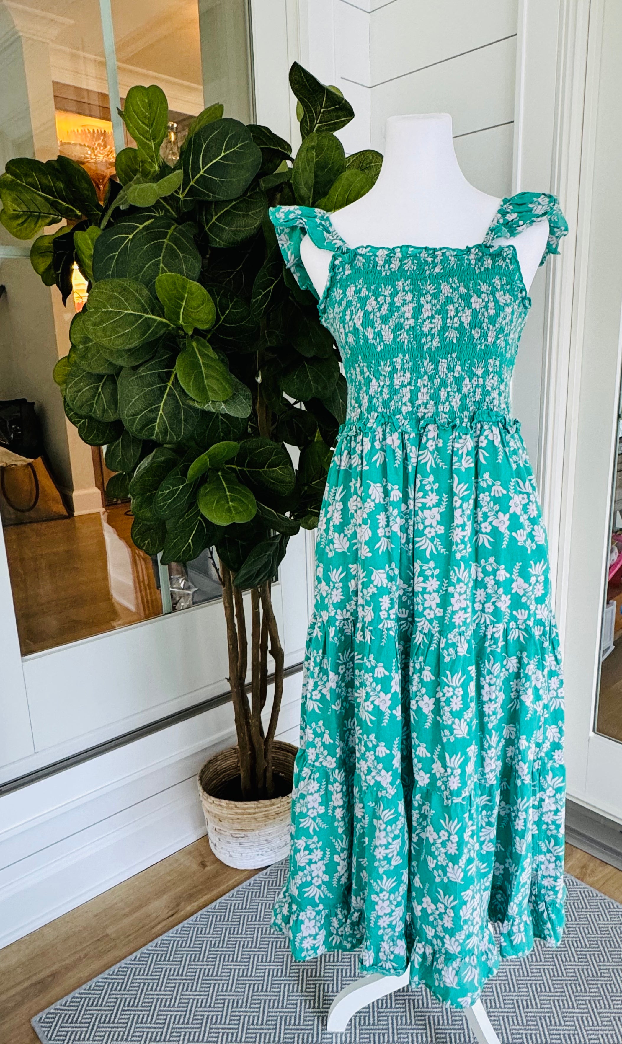 THML Sleeveless Dress, Green Floral Womens Size M
