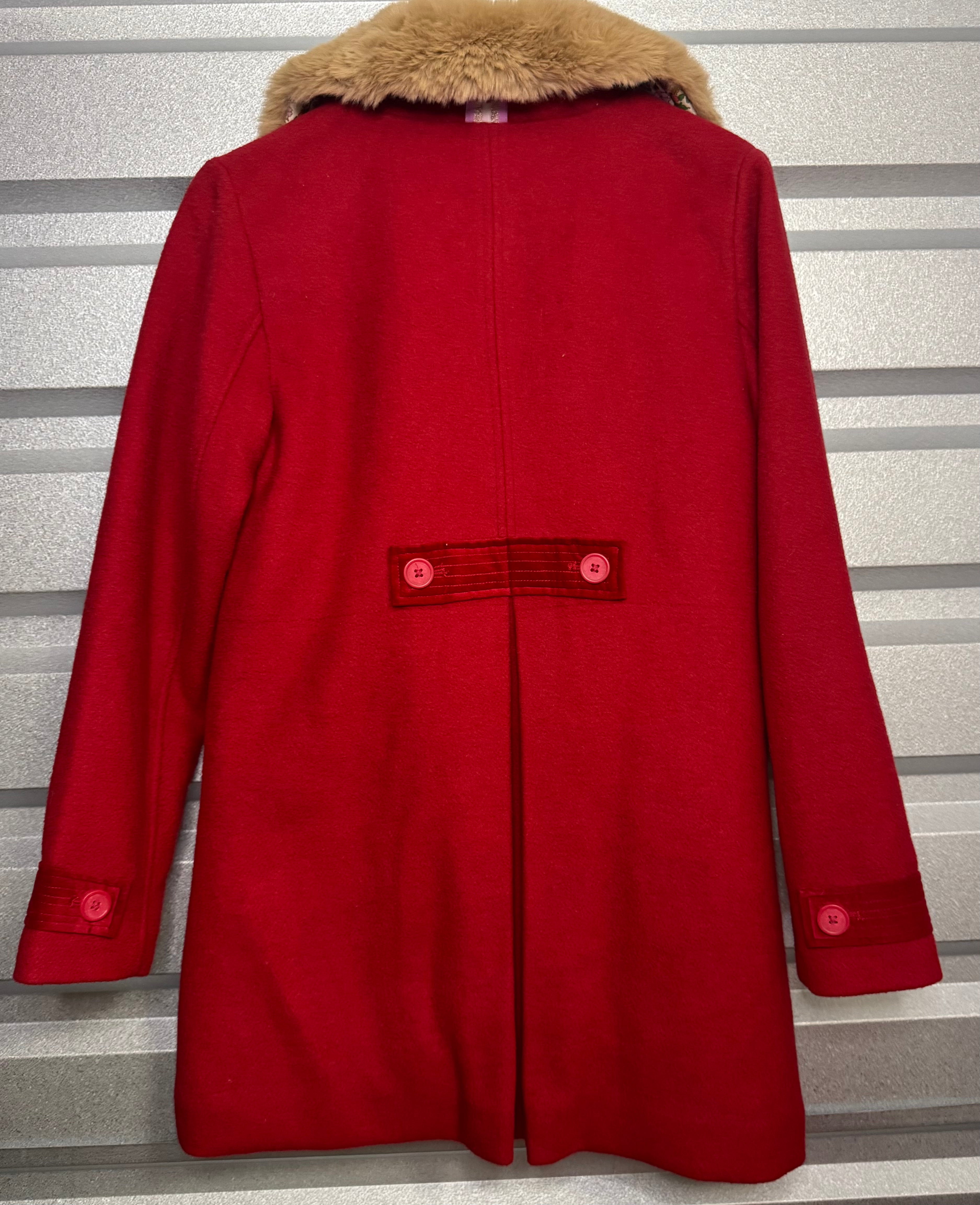 Mini Boden Wool Blend Removable Faux Fur Collar Coat, Red Girls Size 11/12