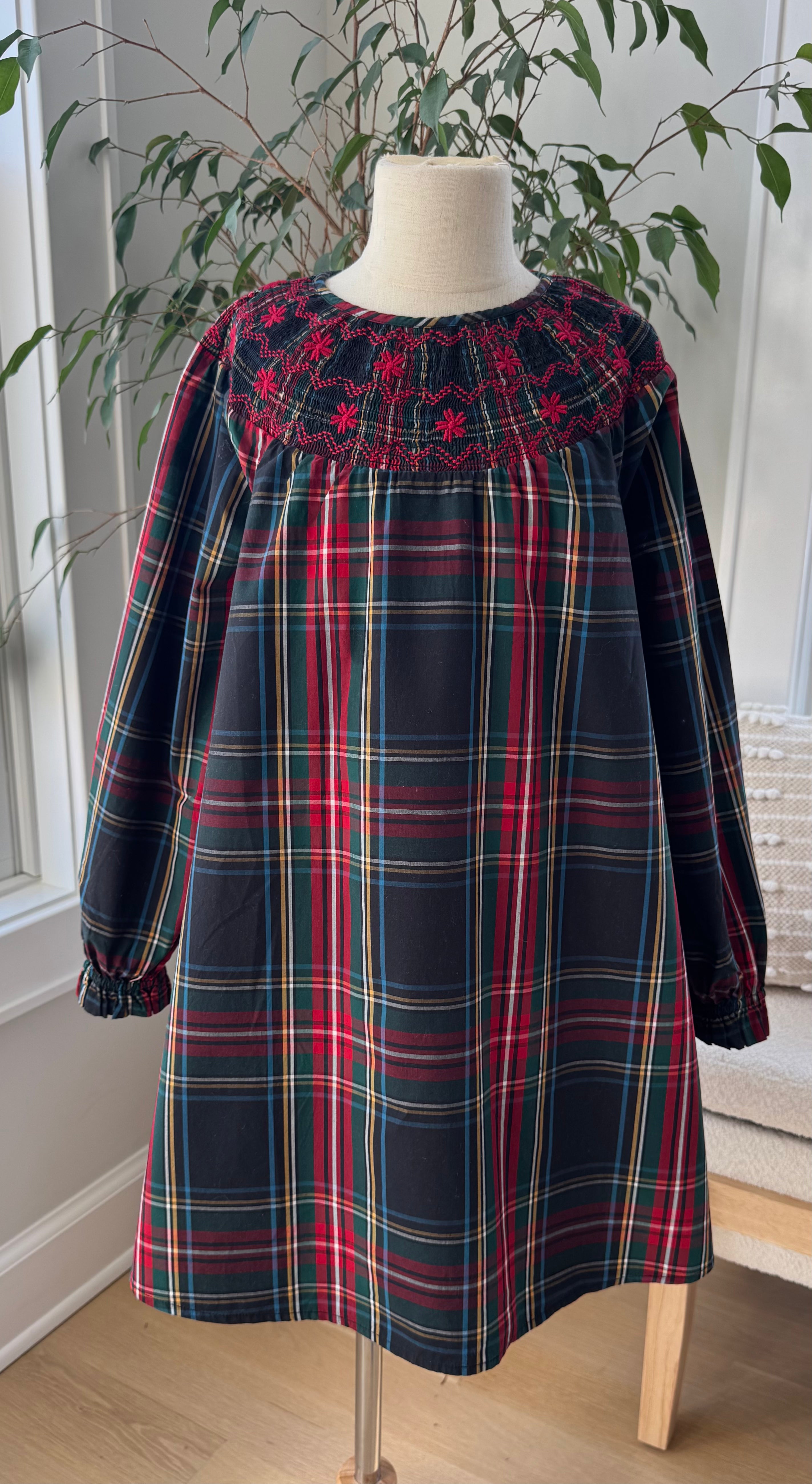 Crewcuts Smocked Embroidered Tartan Dress, Black/Red Girls Size 10