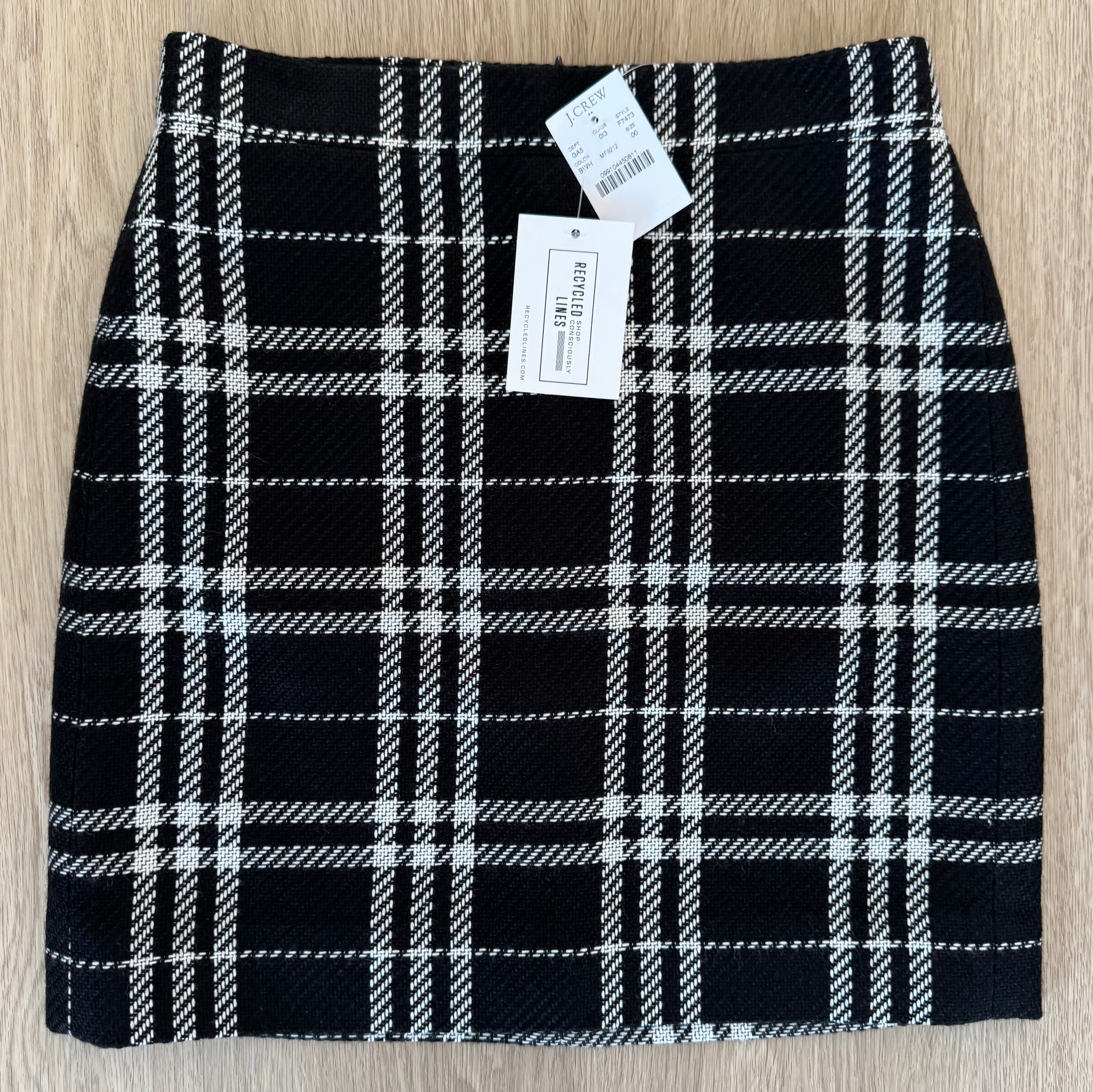 J.Crew NWT Plaid Skirt, Black/White Womens Size 00