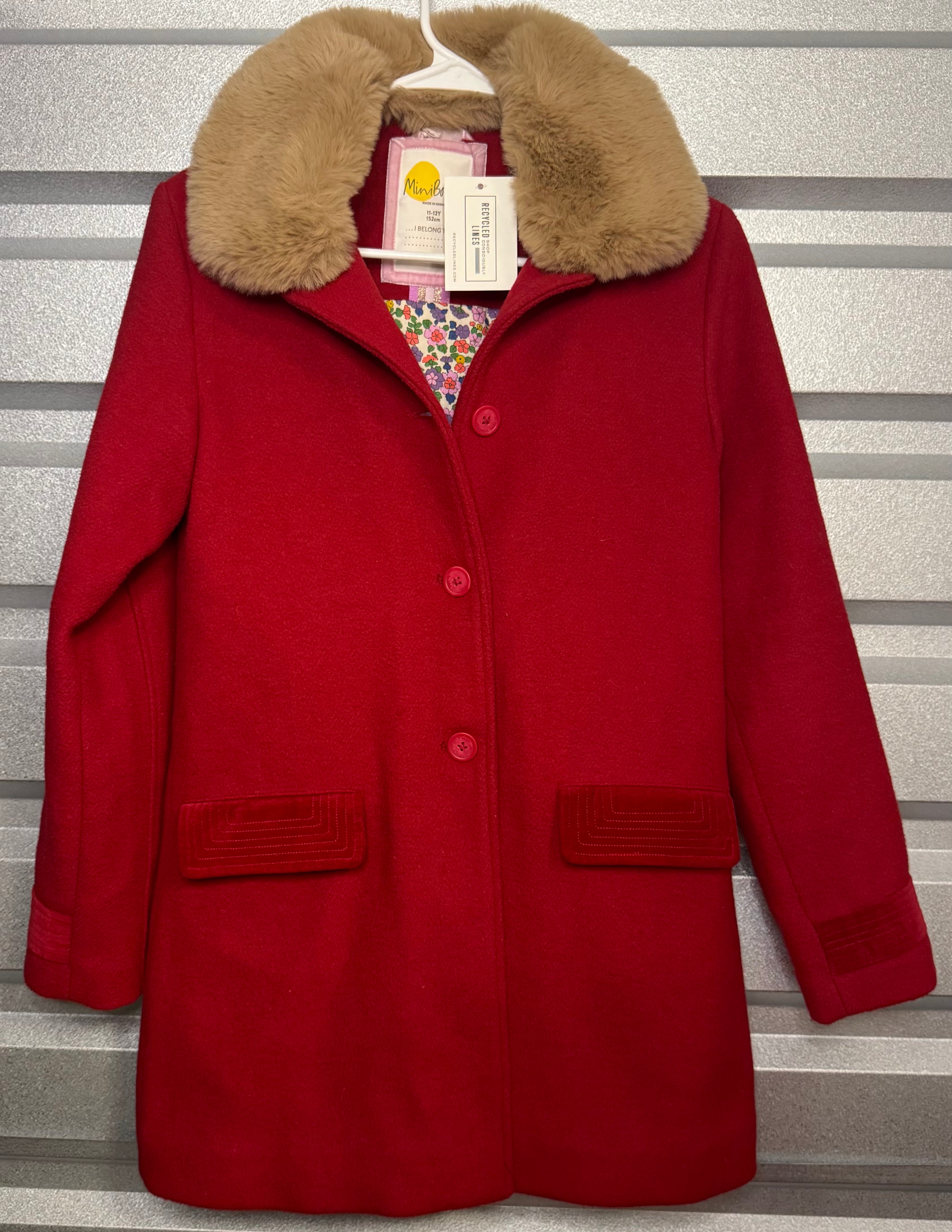 Mini Boden Wool Blend Removable Faux Fur Collar Coat, Red Girls Size 11/12