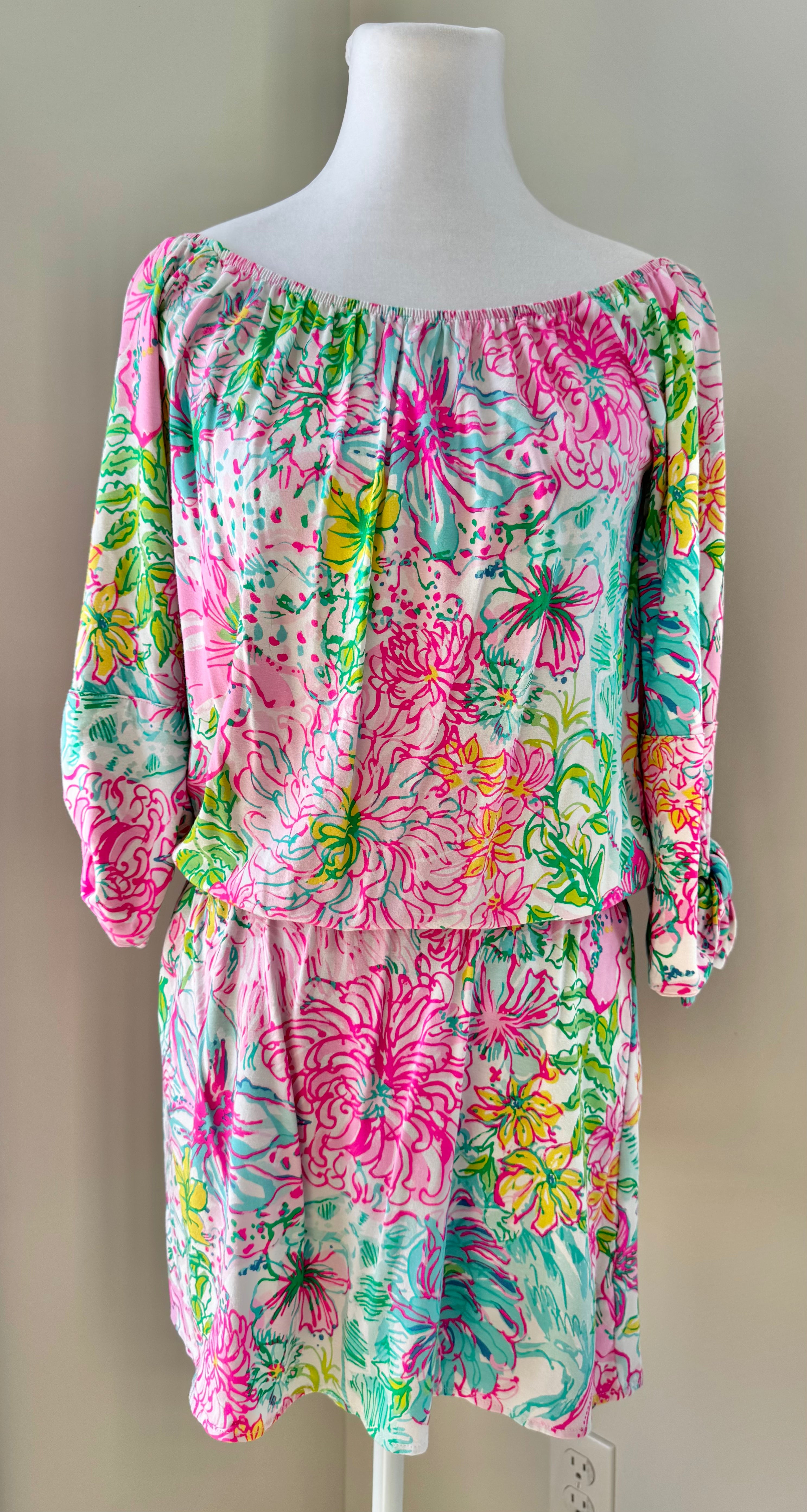 Lilly Pulitzer 3/4 Sleeve Romper, Pink Multi Floral Womens Size S in excellent condition — Recycled Lines, Fairfield CT | Premium Sustainable Consignment