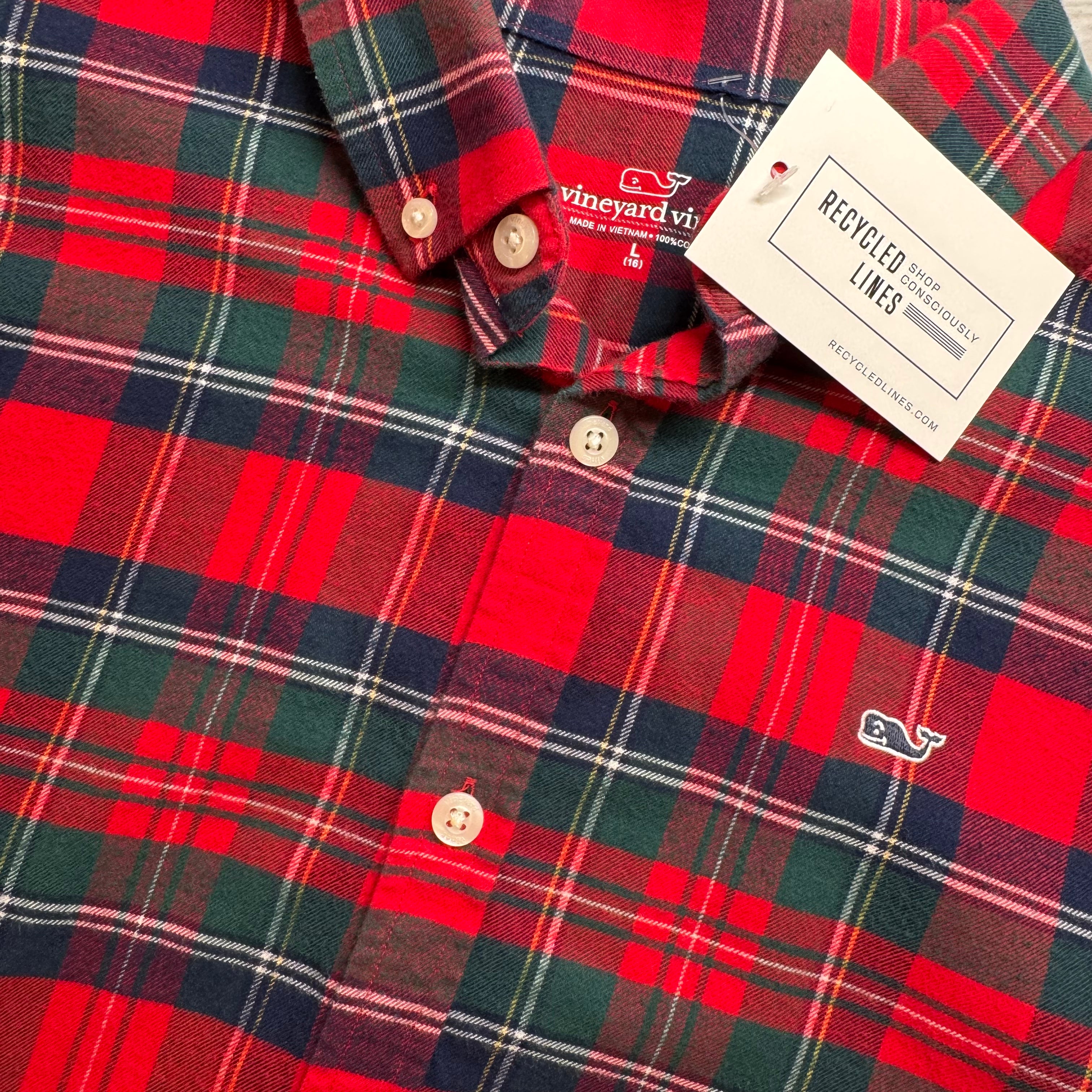 Vineyard Vines Flannel Button Down, Red/Navy/Green Plaid Boys Size L (16) in excellent condition — Recycled Lines, Fairfield CT | Premium Sustainable Consignment
