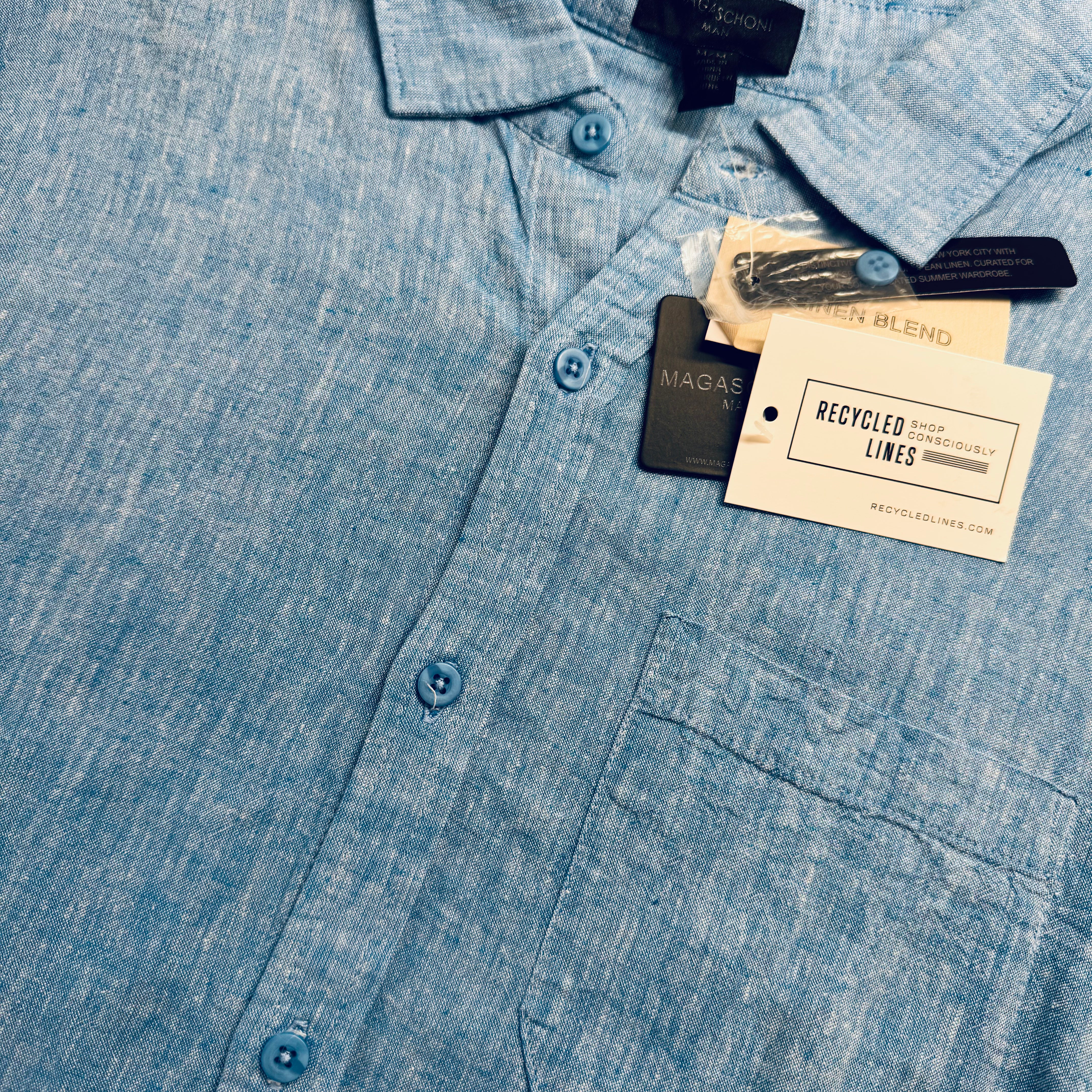 Magaschoni NWT Linen Blend Button Down, Marine Blue Mens Size M in new with tags — Recycled Lines, Fairfield CT | Premium Sustainable Consignment