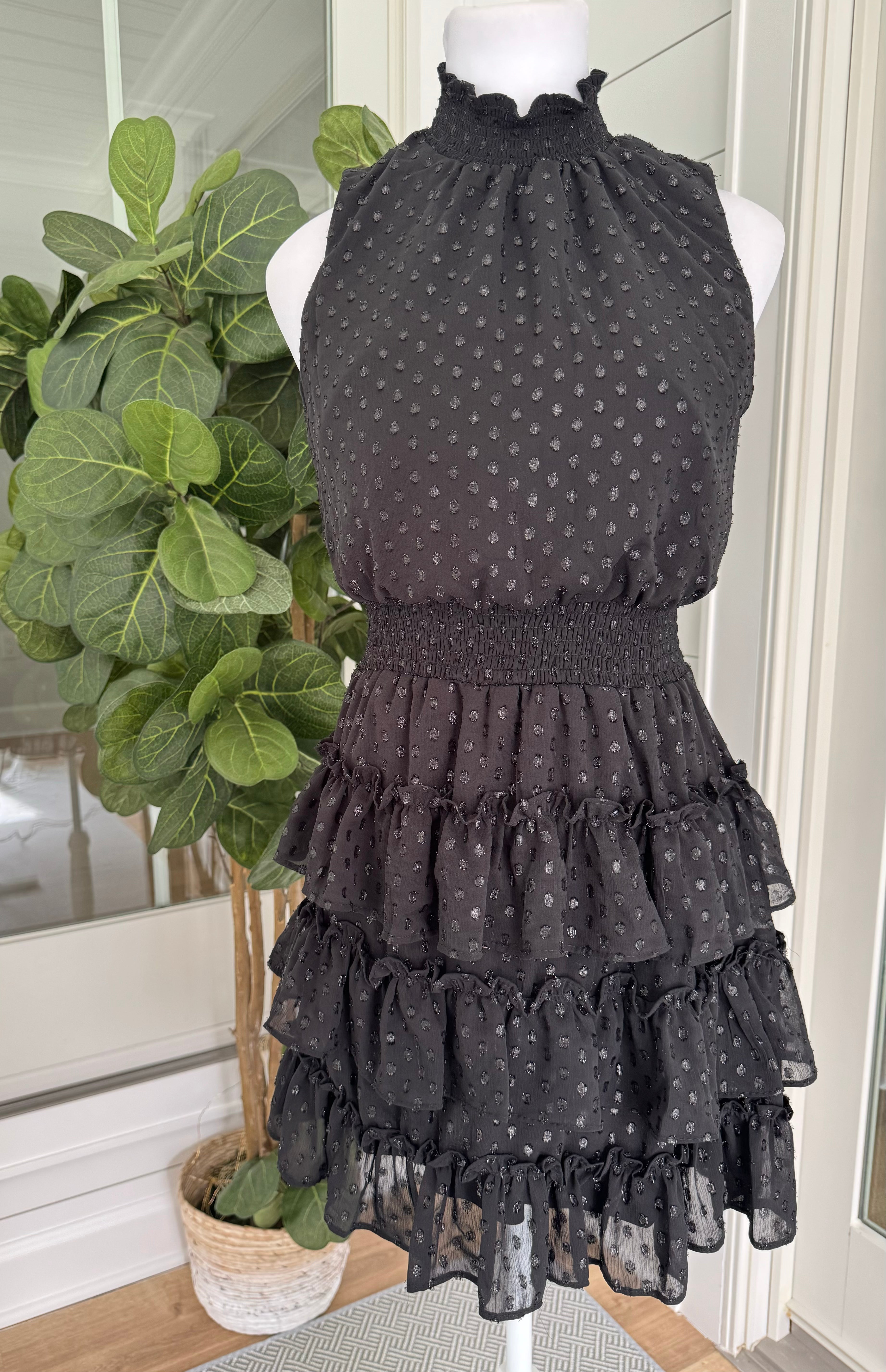 1. State Tiered Dress, Black Shimmer Womens Size S