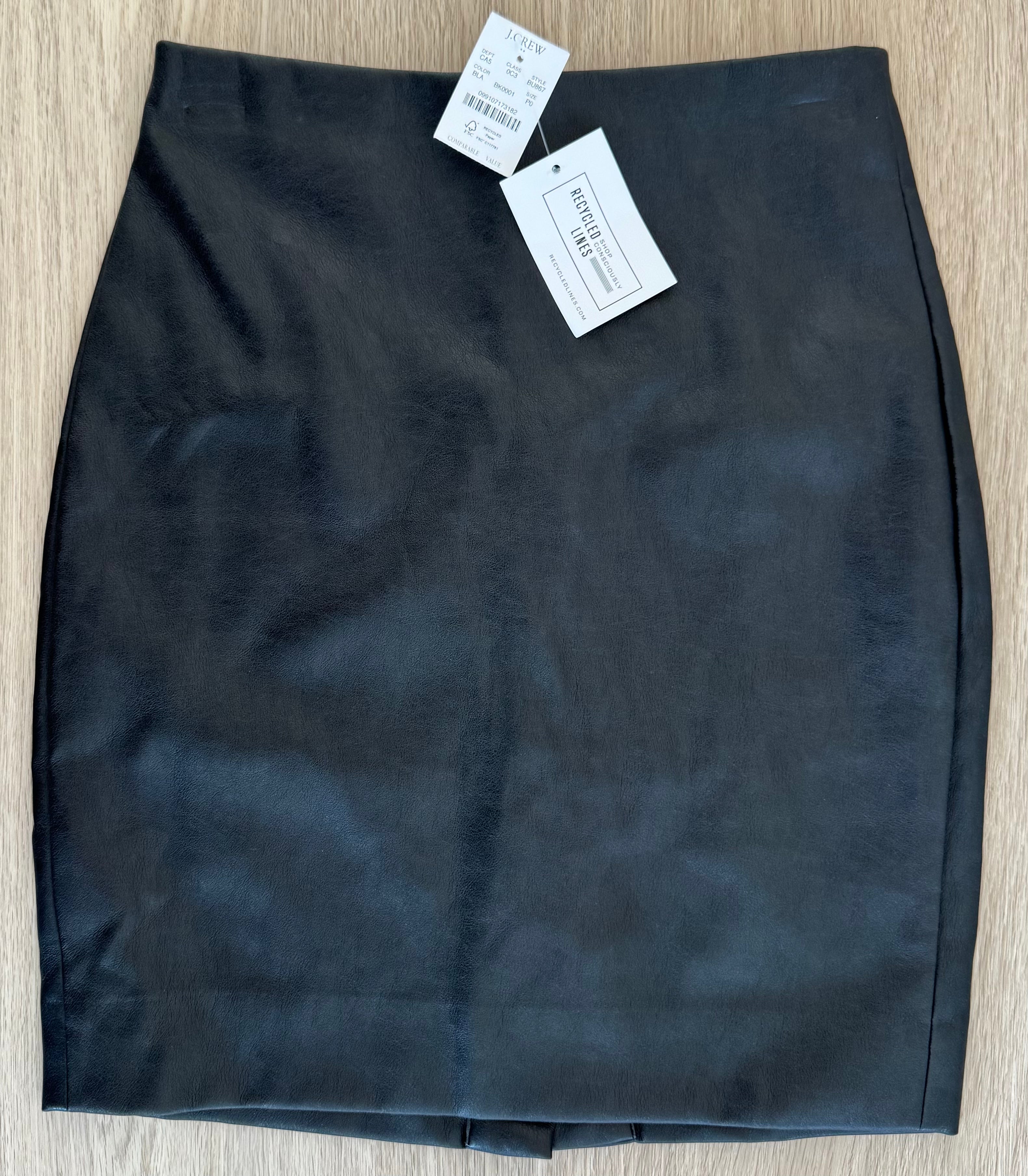 J.Crew NWT Faux Leather Skirt, Black Womens Size 0P