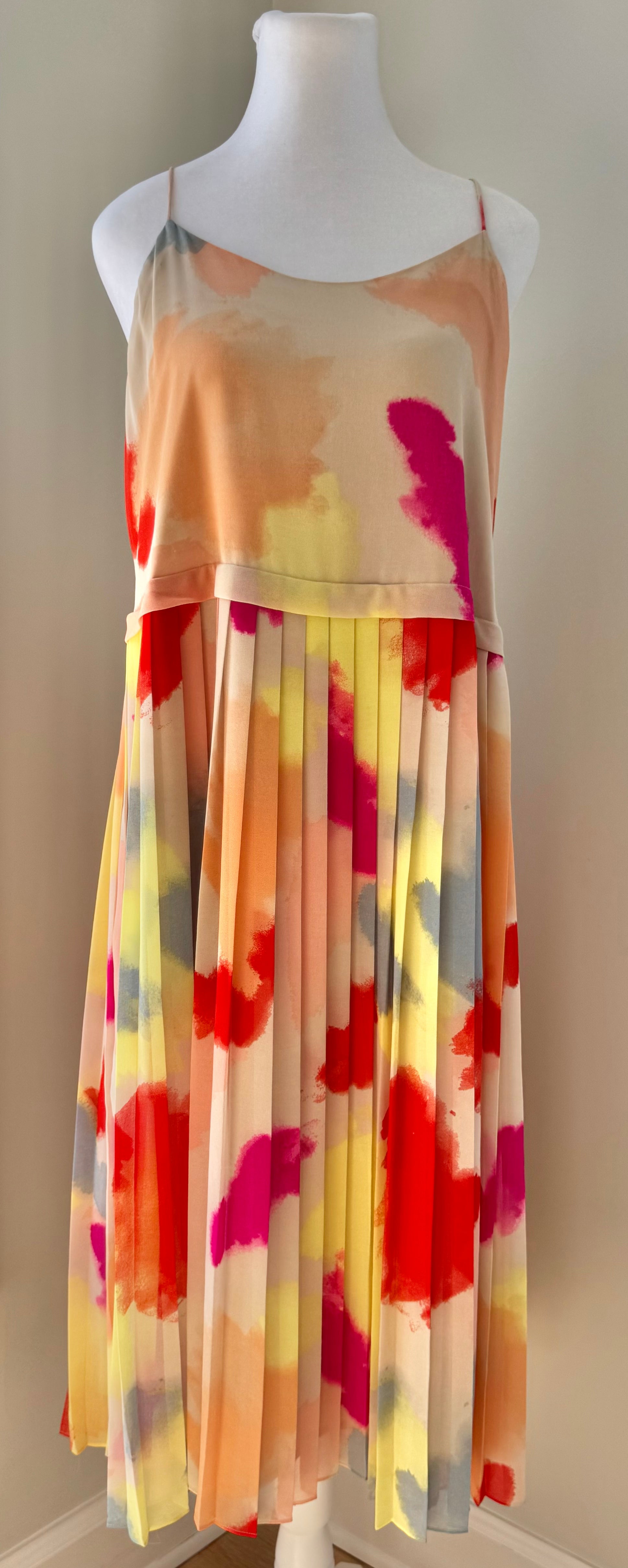 1. State Pleated Dress, Yellow/Coral Womens Size M in excellent condition — Recycled Lines, Fairfield CT | Premium Sustainable Consignment