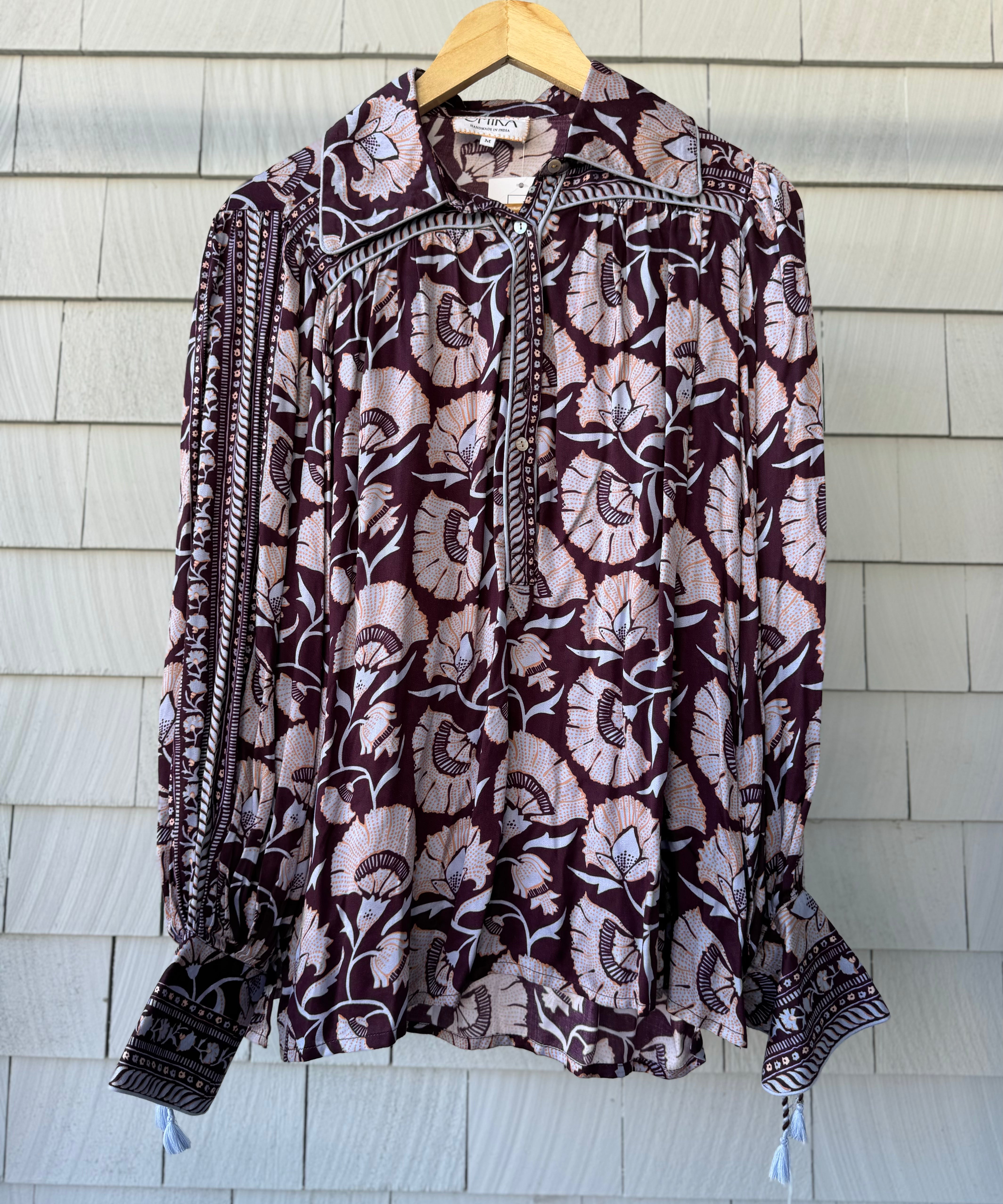 Omika Blouse, Maroon Print Womens Size M in excellent condition — Recycled Lines, Fairfield CT | Premium Sustainable Consignment