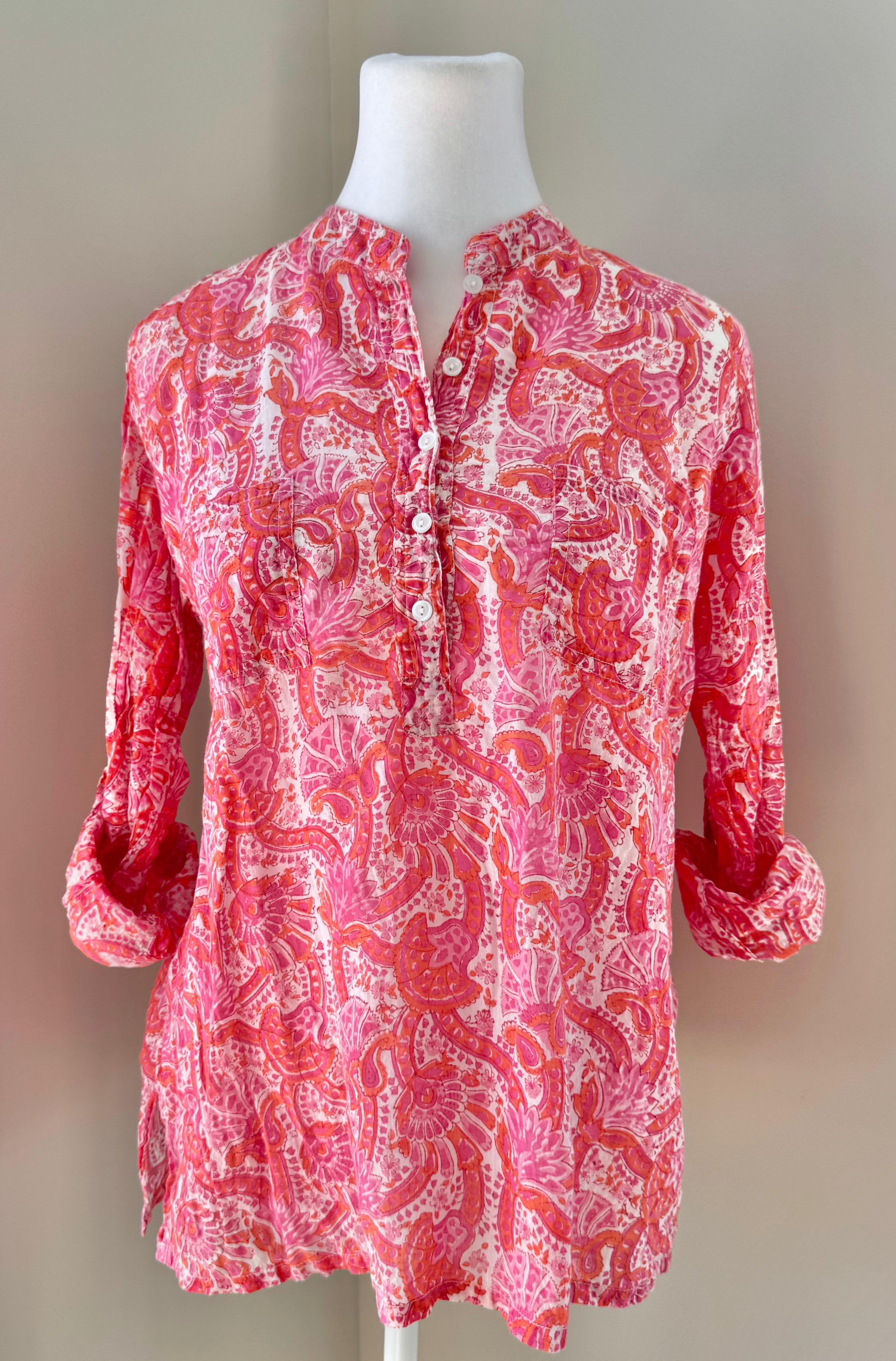 Oliphant Floral Blouse, Pink/Coral Womens Size M in excellent condition — Recycled Lines, Fairfield CT | Premium Sustainable Consignment