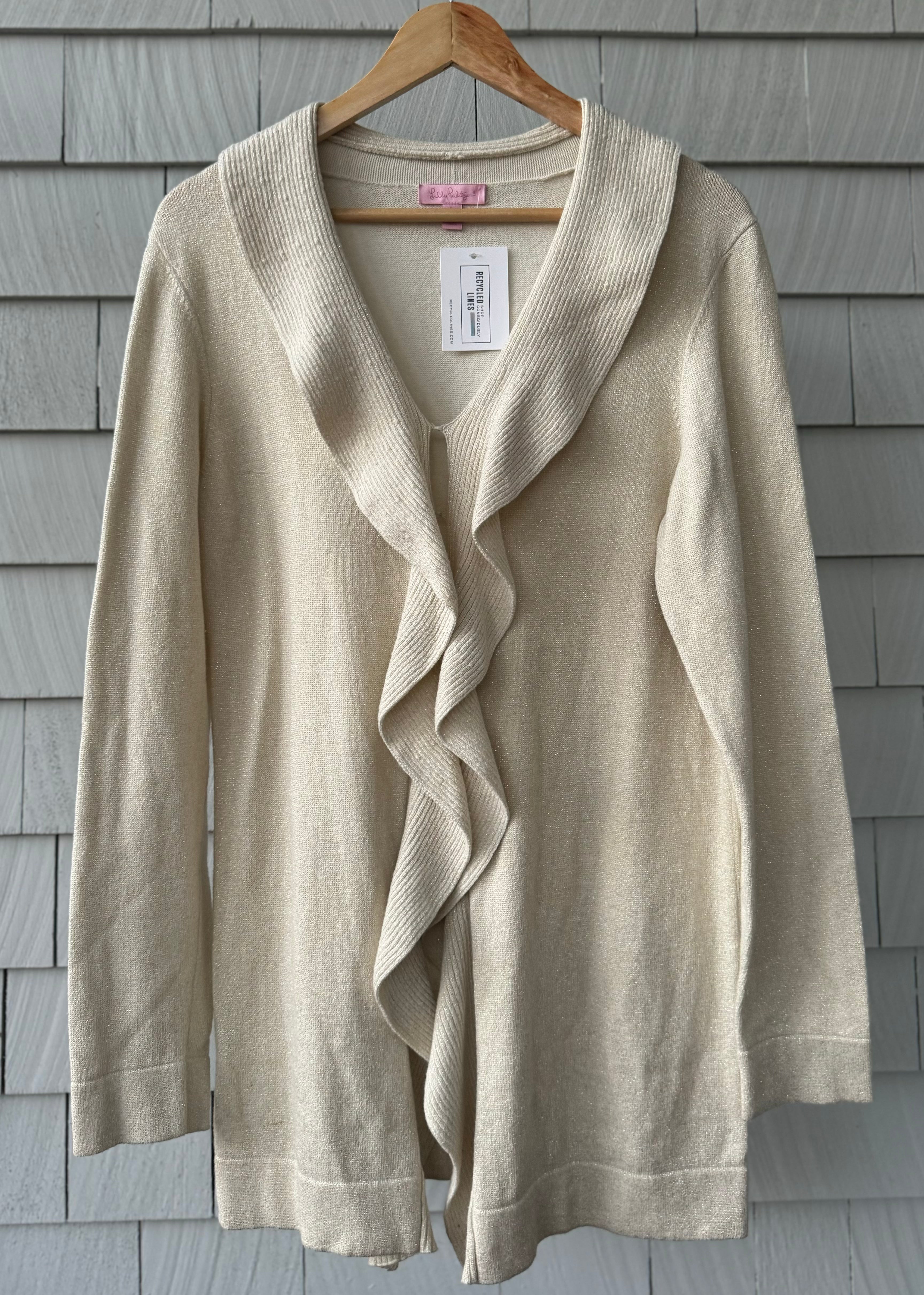 Lilly Pulitzer Long Ruffle Cardigan, Gold Womens Size L in excellent condition — Recycled Lines, Fairfield CT | Premium Sustainable Consignment