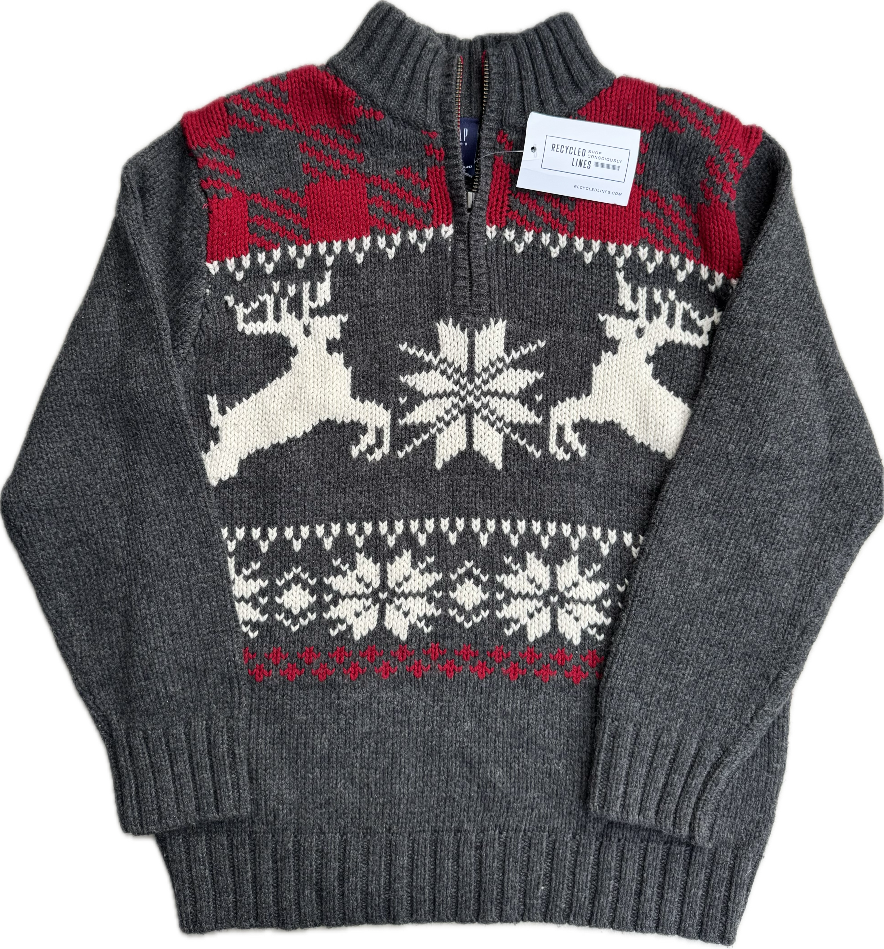 Gap Kids 1/4 Zip Snowflake Sweater, Gray/Red/White Boys Size M (8)