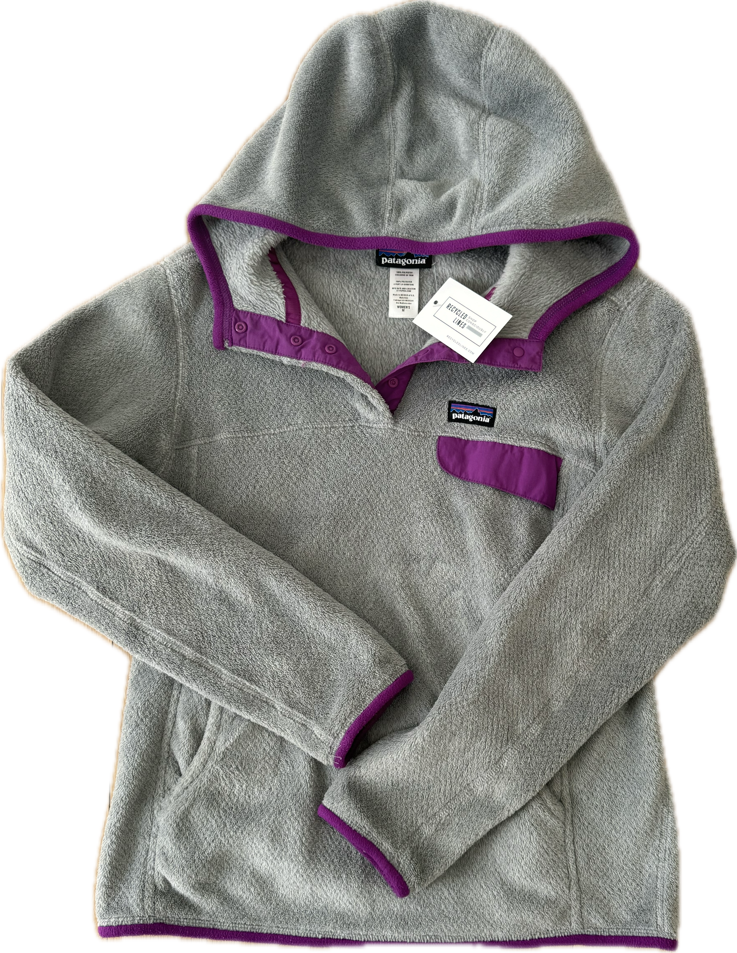 Patagonia 1/4 Fleece Zip w/ Hood. Grey/Purple Womens Size M in excellent condition — Recycled Lines, Fairfield CT | Premium Sustainable Consignment