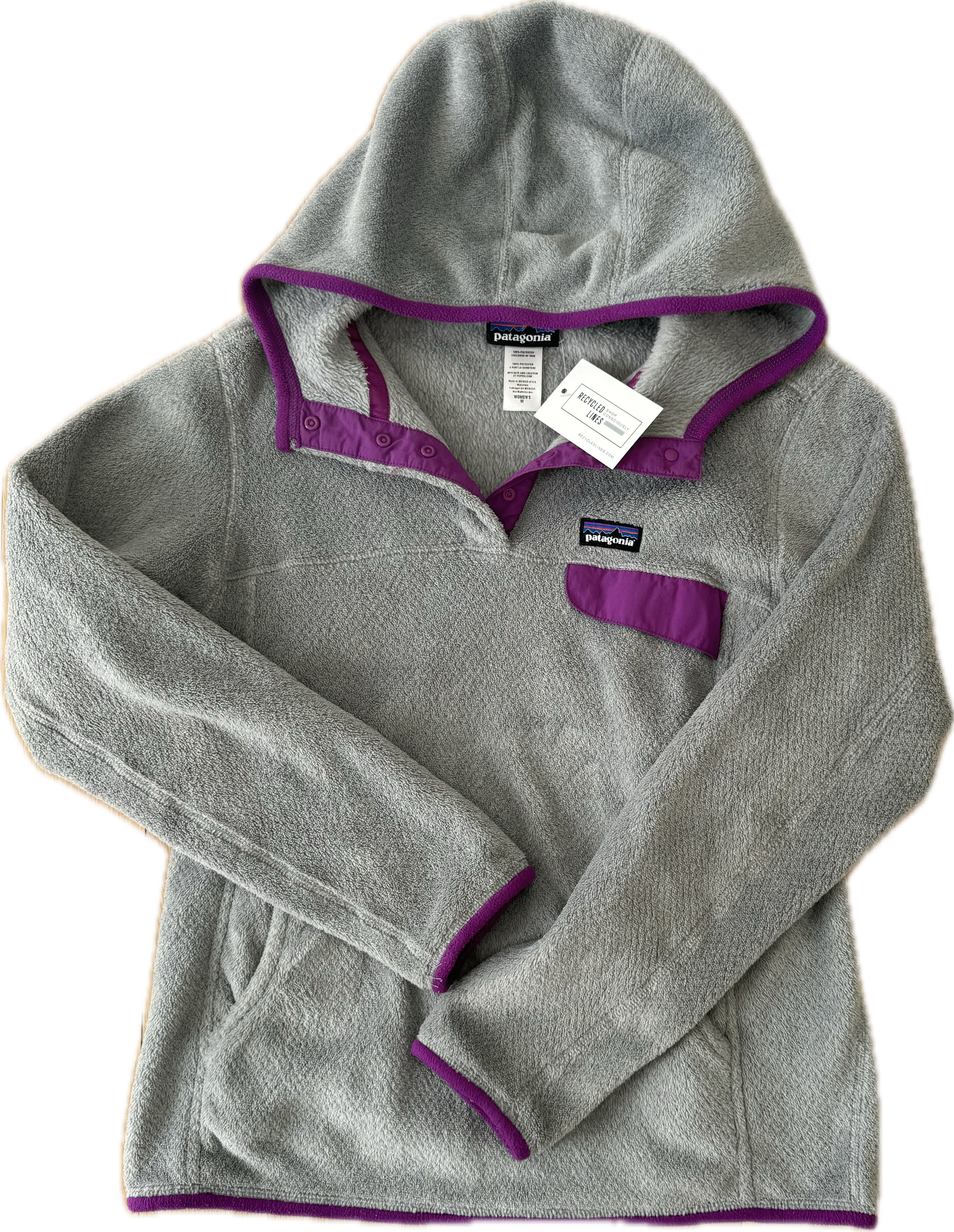 Patagonia 1/4 Fleece Zip w/ Hood. Grey/Purple Womens Size M